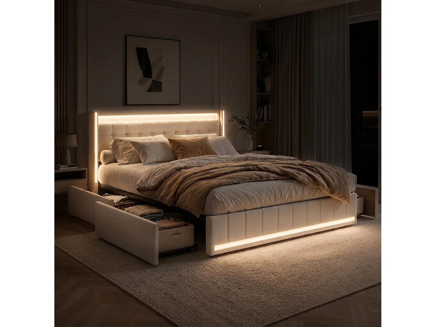 Lit double rembourré NEXU 140 x 200 cm avec sommier à lattes - Tiroirs de rangement, LED et ports USB - Tissu effet lin beige