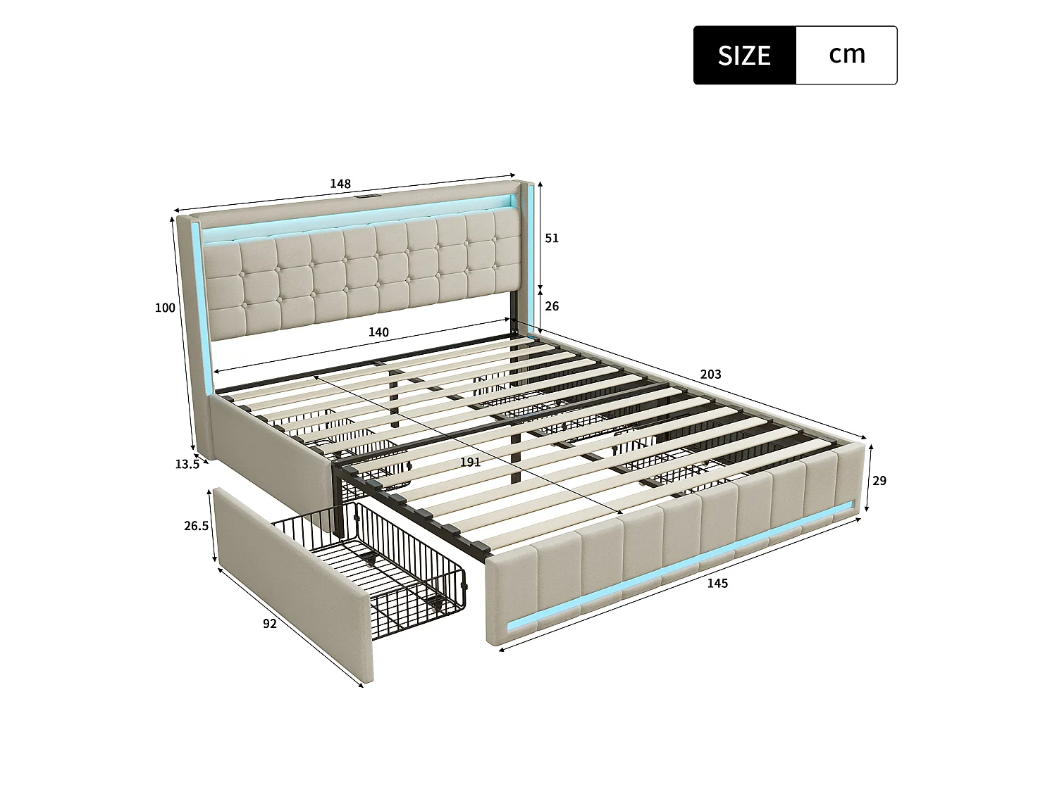 Lit double rembourré NEXU 140 x 200 cm avec sommier à lattes - Tiroirs de rangement, LED et ports USB - Tissu effet lin beige
