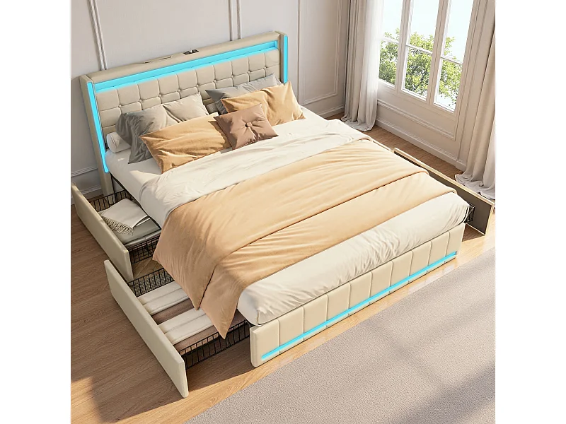 Lit adulte 140 x 200 cm avec tiroirs soldes - sommier à Lattes - lit rembourré 140x200 cm avec LED et USB - Tissu lin - Beige - NEXU