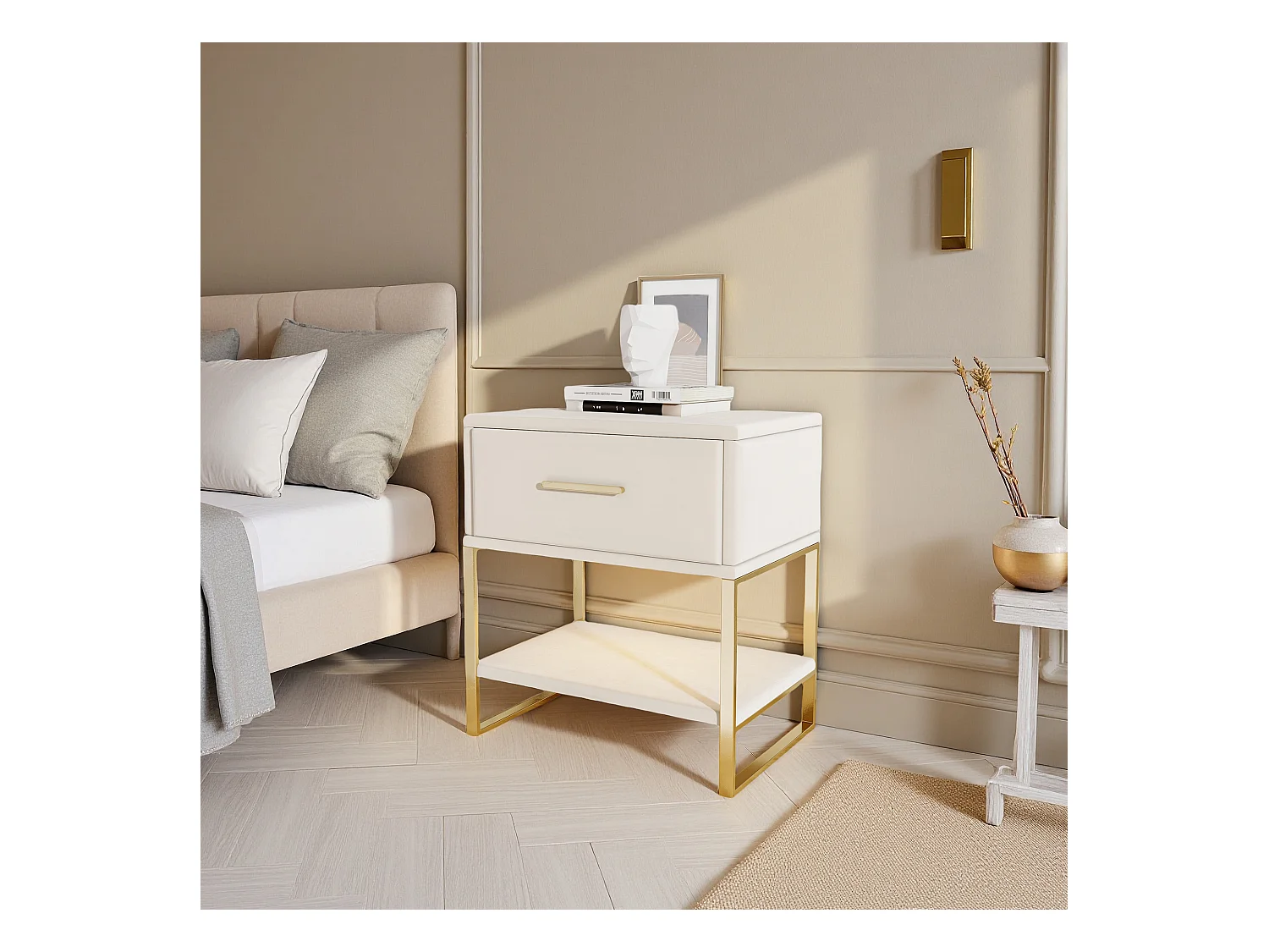 Table de Chevet - NEXU - Lot de 2 - 40x31x50 cm - Meuble de Nuit avec LED - Meuble de Chambre - tissu en velvet - beige