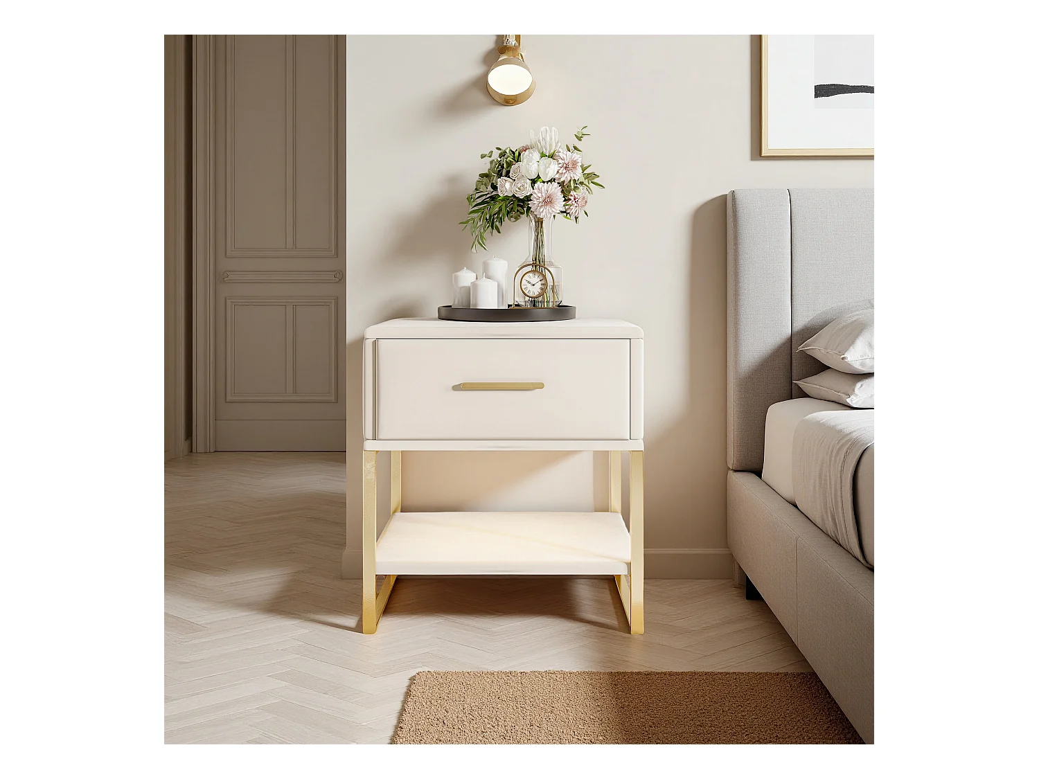 Table de Chevet - NEXU - Lot de 2 - 40x31x50 cm - Meuble de Nuit avec LED - Meuble de Chambre - tissu en velvet - beige