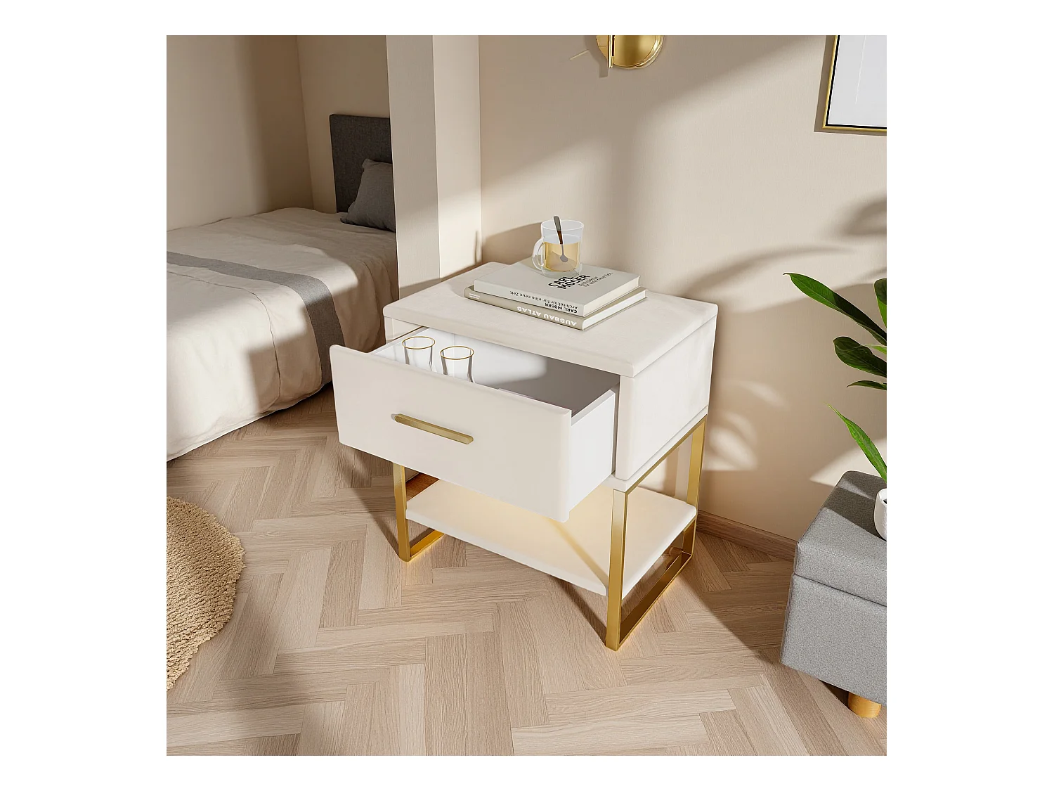 Table de Chevet - NEXU - Lot de 2 - 40x31x50 cm - Meuble de Nuit avec LED - Meuble de Chambre - tissu en velvet - beige