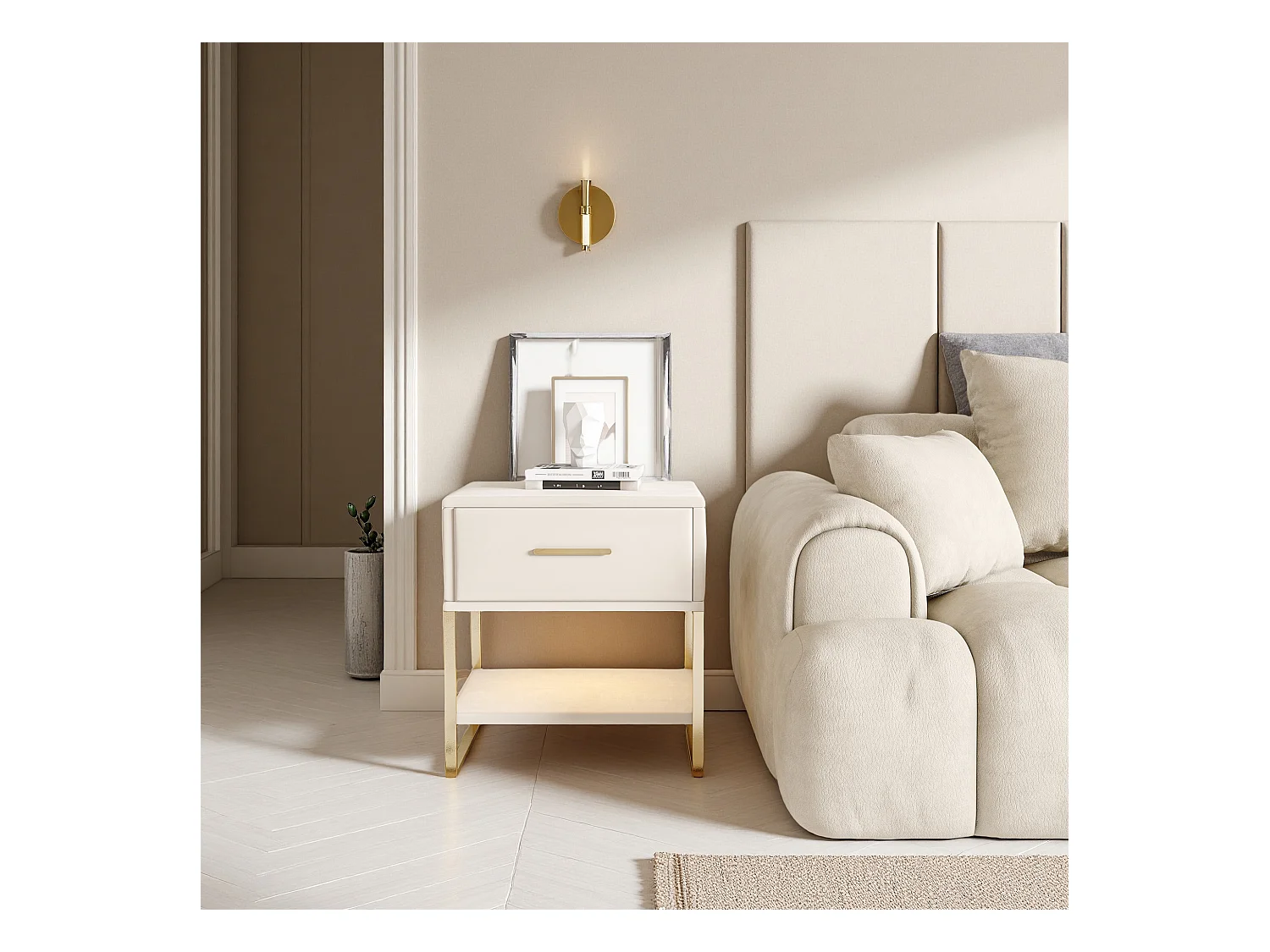 Table de Chevet - NEXU - Lot de 2 - 40x31x50 cm - Meuble de Nuit avec LED - Meuble de Chambre - tissu en velvet - beige