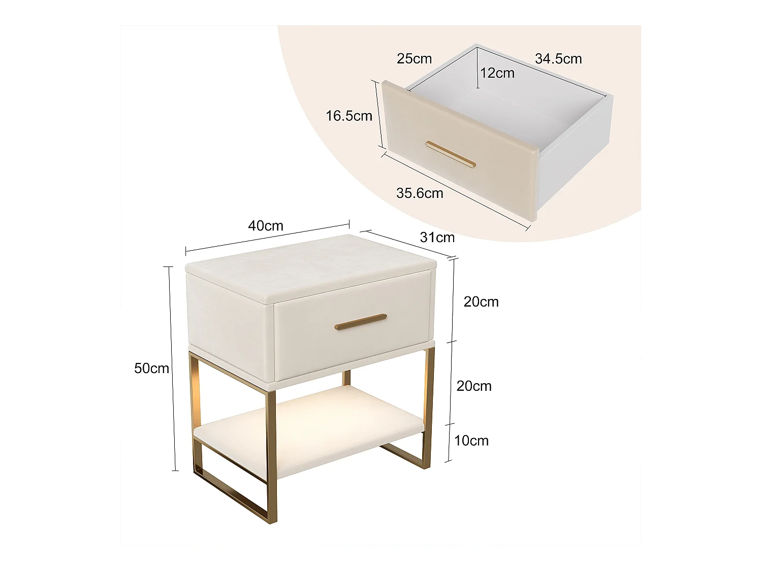 Table de Chevet - NEXU - Lot de 2 - 40x31x50 cm - Meuble de Nuit avec LED - Meuble de Chambre - tissu en velvet - beige
