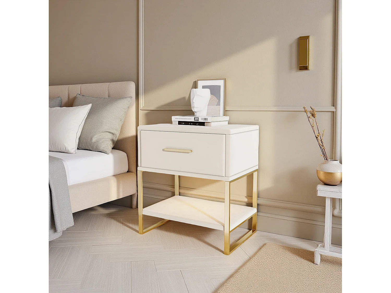 Table de Chevet - NEXU - Lot de 2 - 40x31x50 cm - Meuble de Nuit avec LED - Meuble de Chambre - tissu en velvet - beige