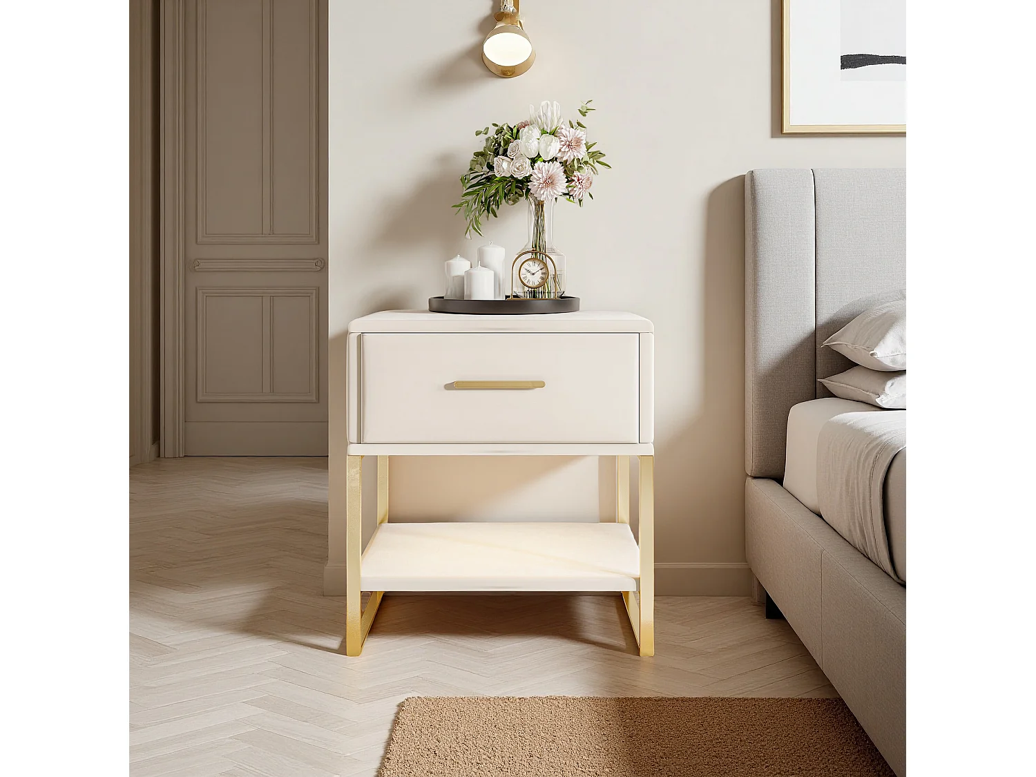 Table de Chevet - NEXU - Lot de 2 - 40x31x50 cm - Meuble de Nuit avec LED - Meuble de Chambre - tissu en velvet - beige