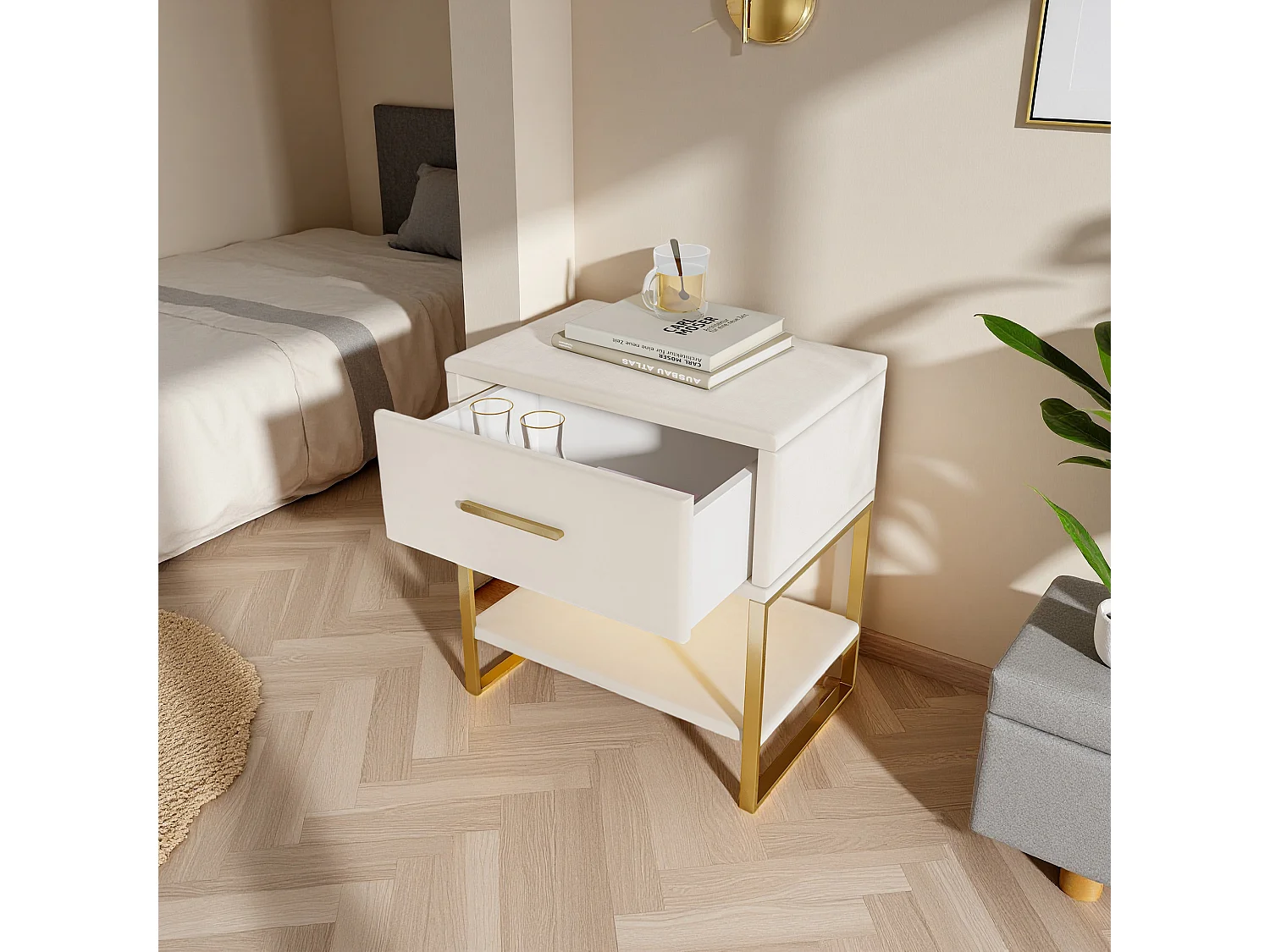Table de Chevet - NEXU - Lot de 2 - 40x31x50 cm - Meuble de Nuit avec LED - Meuble de Chambre - tissu en velvet - beige