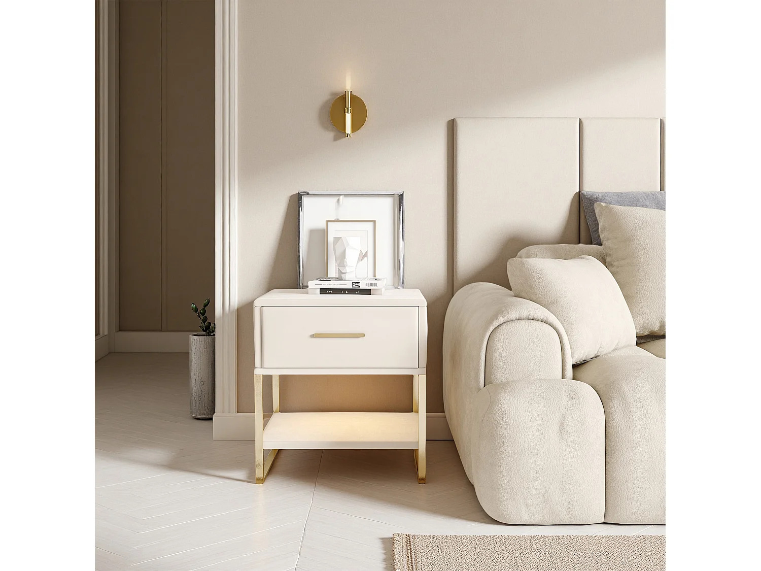 Table de Chevet - NEXU - Lot de 2 - 40x31x50 cm - Meuble de Nuit avec LED - Meuble de Chambre - tissu en velvet - beige