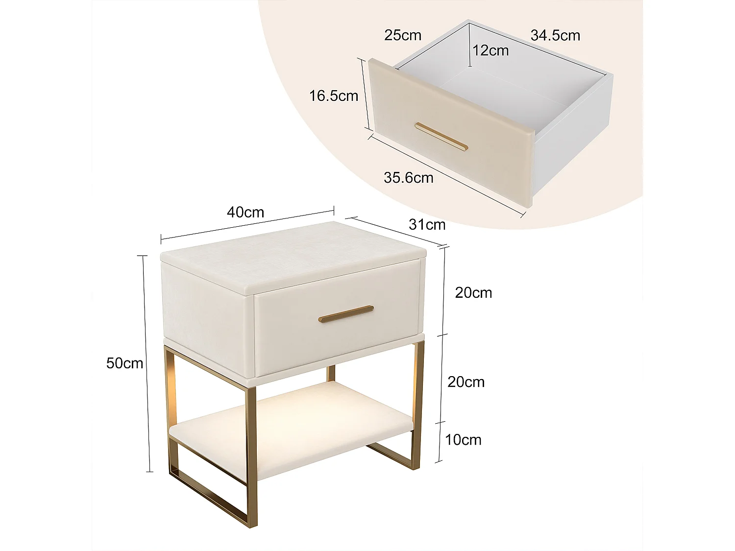Table de Chevet - NEXU - Lot de 2 - 40x31x50 cm - Meuble de Nuit avec LED - Meuble de Chambre - tissu en velvet - beige