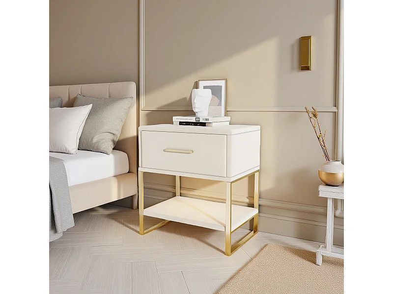 Table de Chevet - NEXU - Lot de 2 - 40x31x50 cm - Meuble de Nuit avec LED - Meuble de Chambre - tissu en velvet - beige