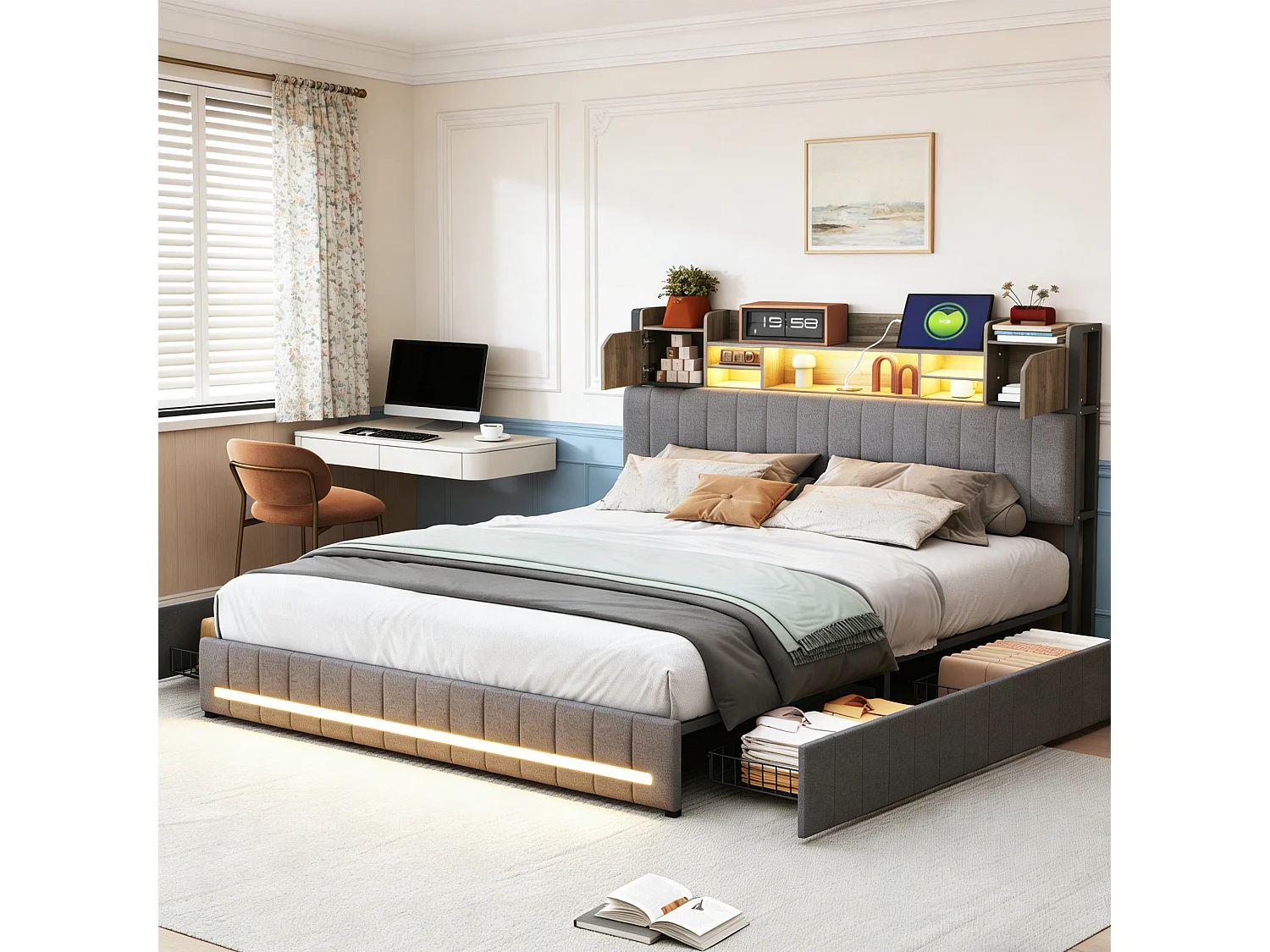 Lit avec rangements 140x200 cm - sommier à latte et LED - tissu en lin - gris