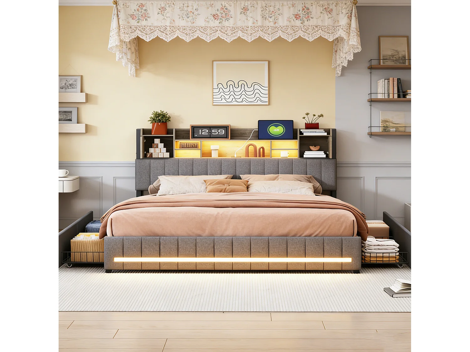 Lit avec rangements 140x200 cm - sommier à latte et LED - tissu en lin - gris