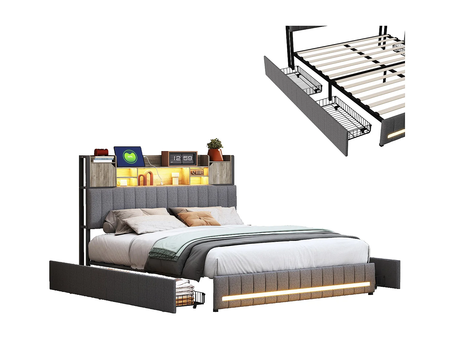 Lit avec rangements 140x200 cm - sommier à latte et LED - tissu en lin - gris