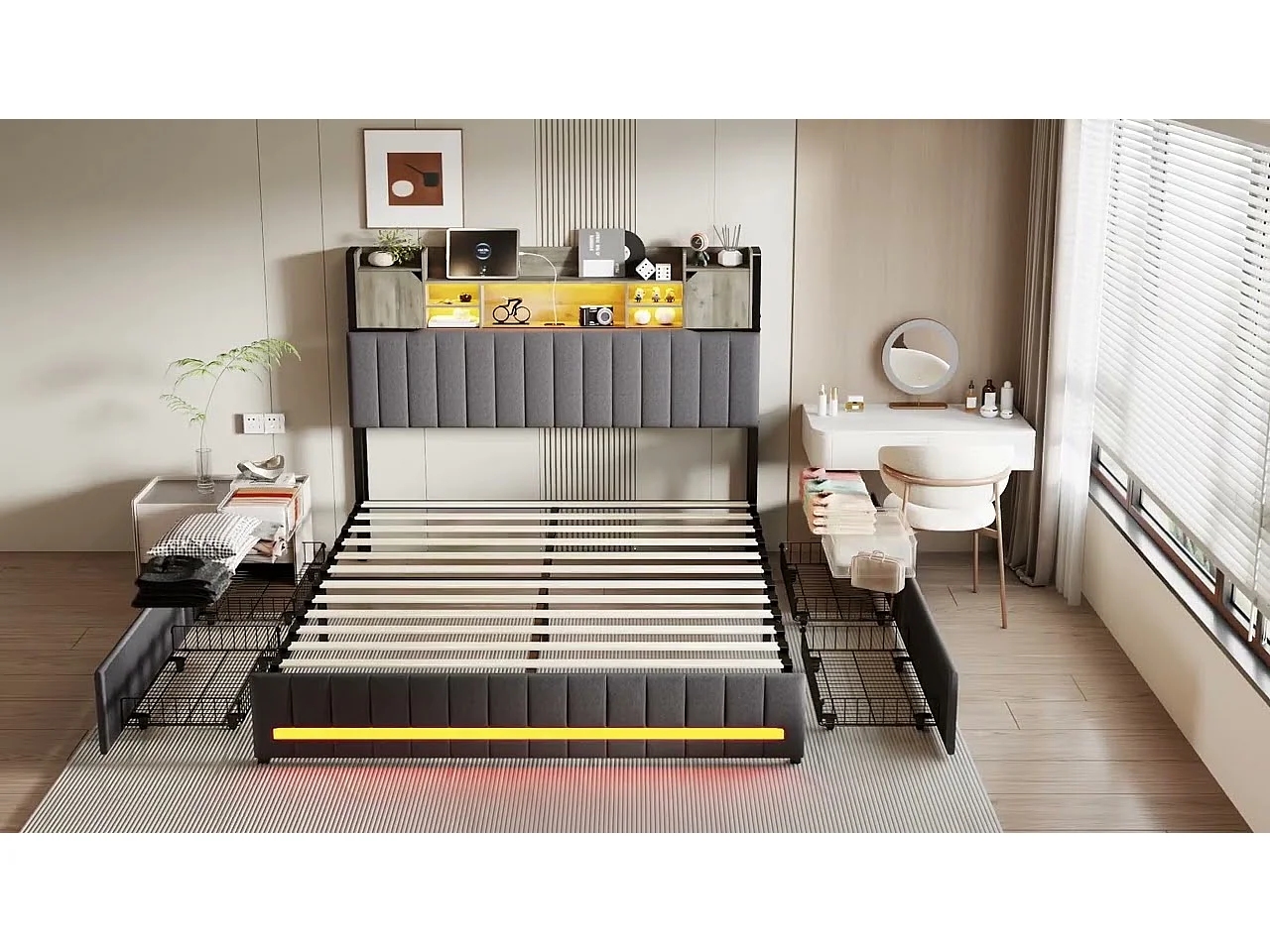 Lit avec rangements 140x200 cm - sommier à latte et LED - tissu en lin - gris