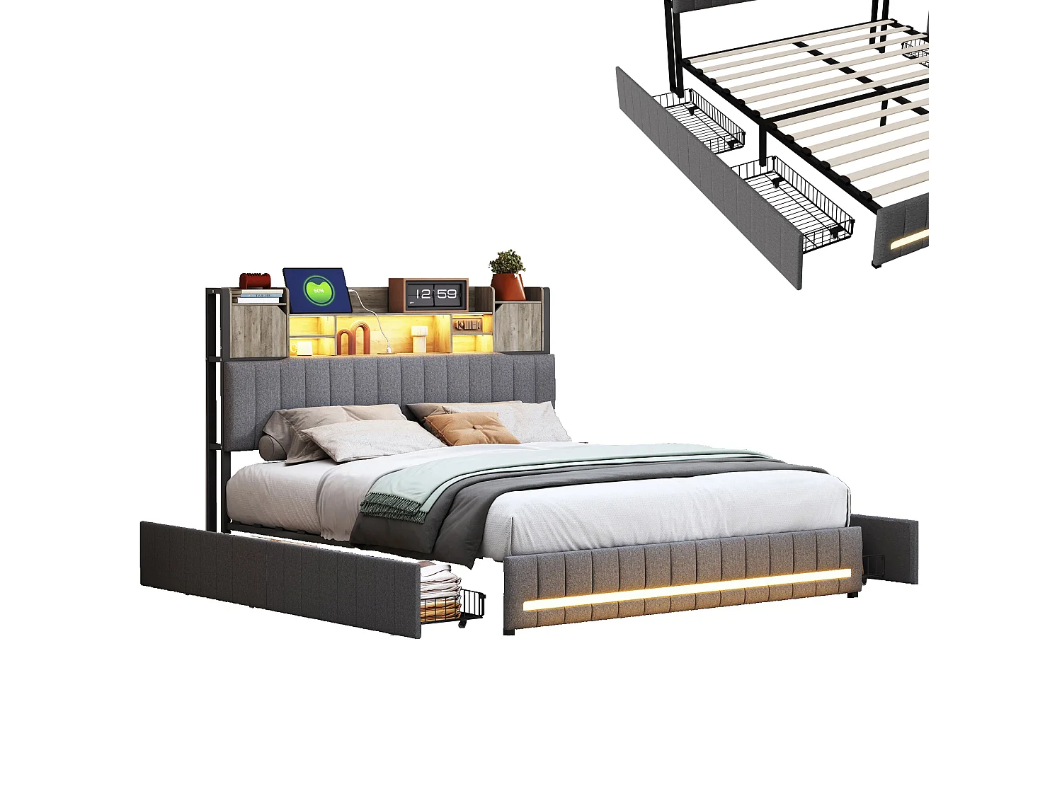 Lit double 140 x 200 cm avec rangements et sommier à lattes – Éclairage LED et revêtement en tissu de lin gris