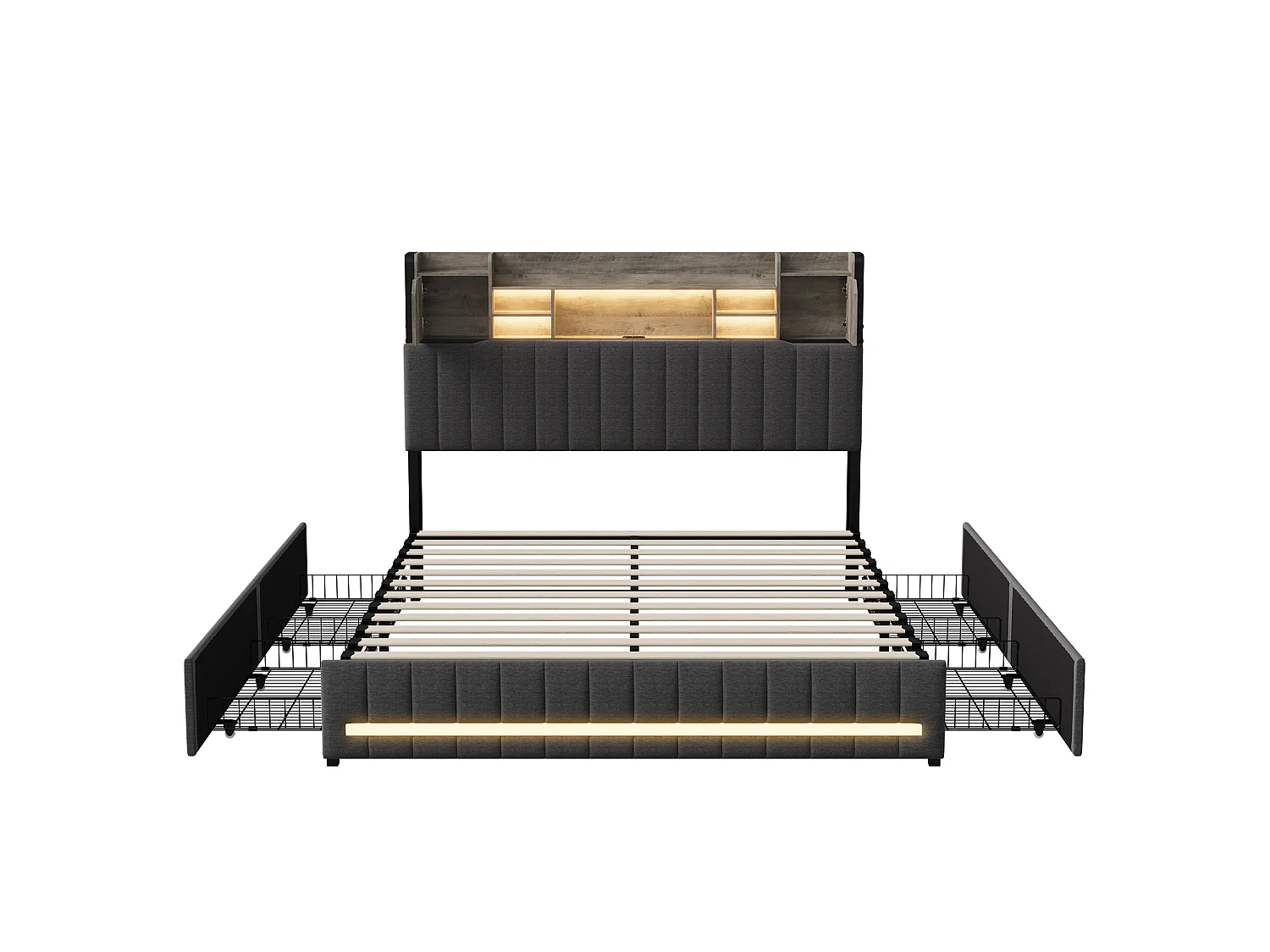 Lit double 140 x 200 cm avec rangements et sommier à lattes – Éclairage LED et revêtement en tissu de lin gris