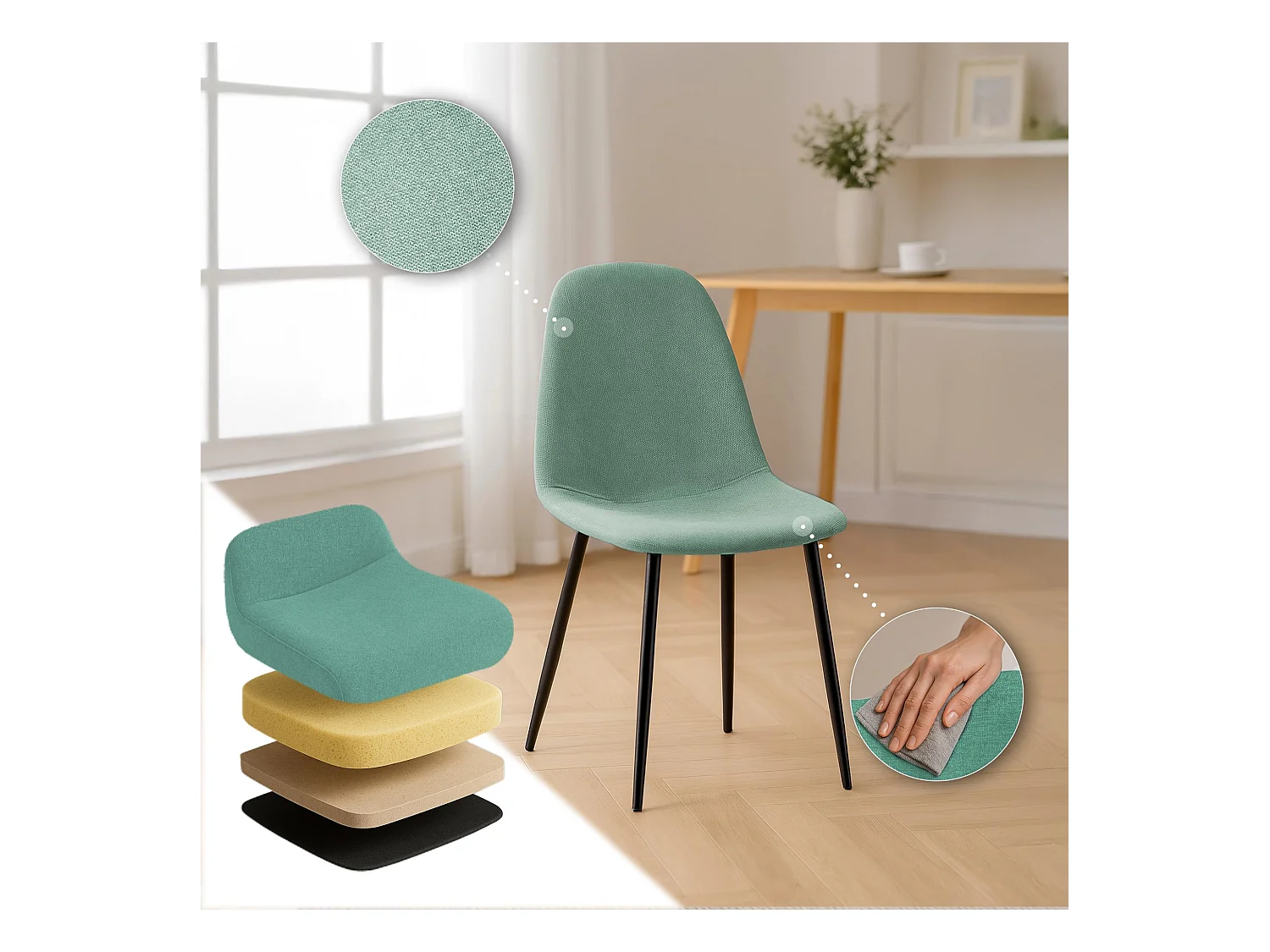 Lot de 4  chaise salle à manger - Tissu - Vert clair - Napier