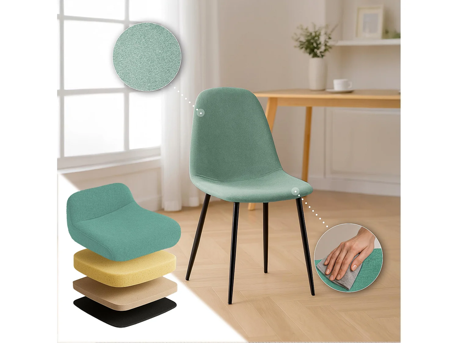 Lot de 4  chaise salle à manger - Tissu - Vert clair - Napier