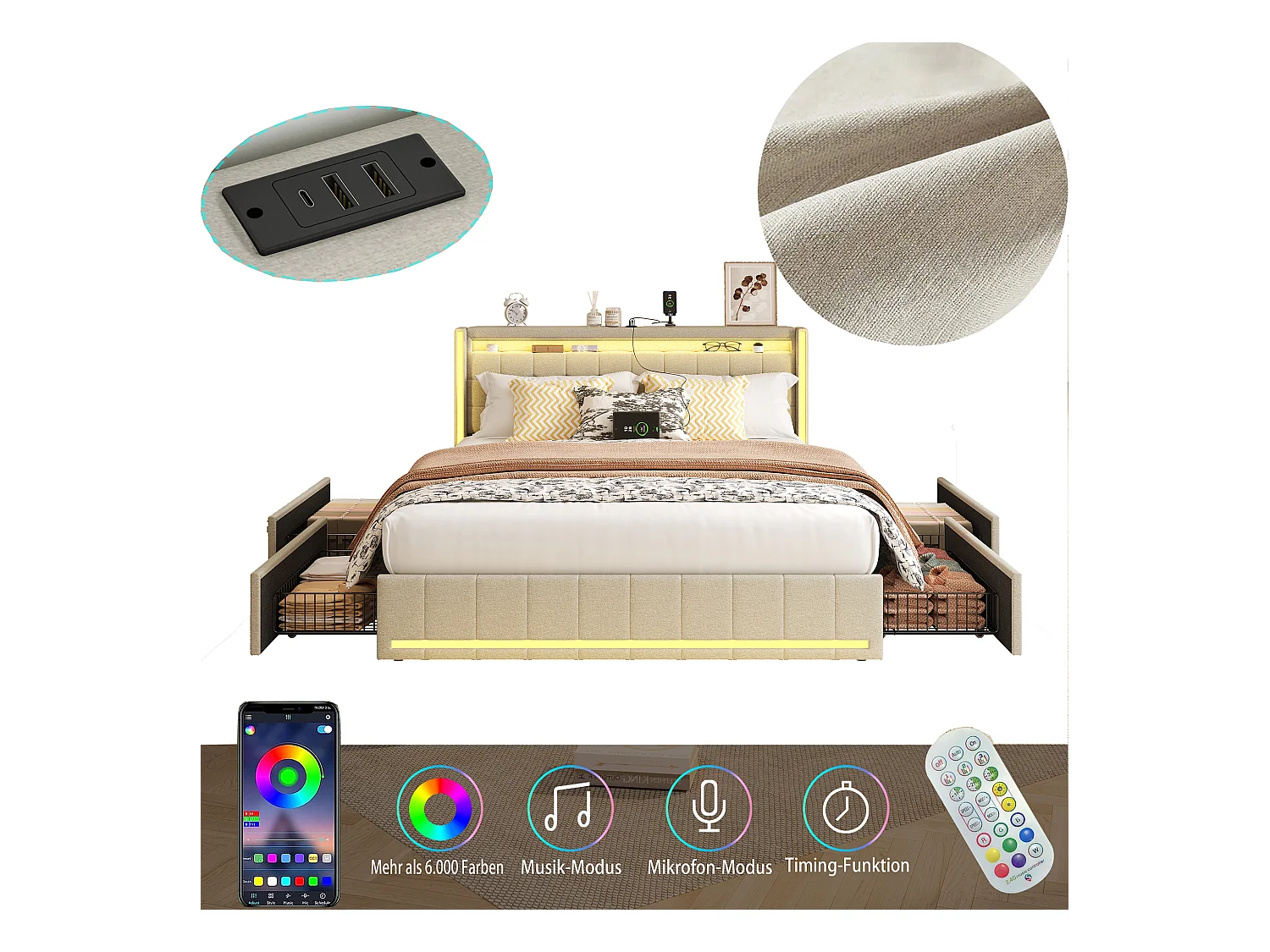 Lit 140x190 cm - NEXU - lit double 140x190 cm tiroir avec LED et USB - cadre de lit adulte 140x190 cm avec sommier à lattes - tissu en lin - beige