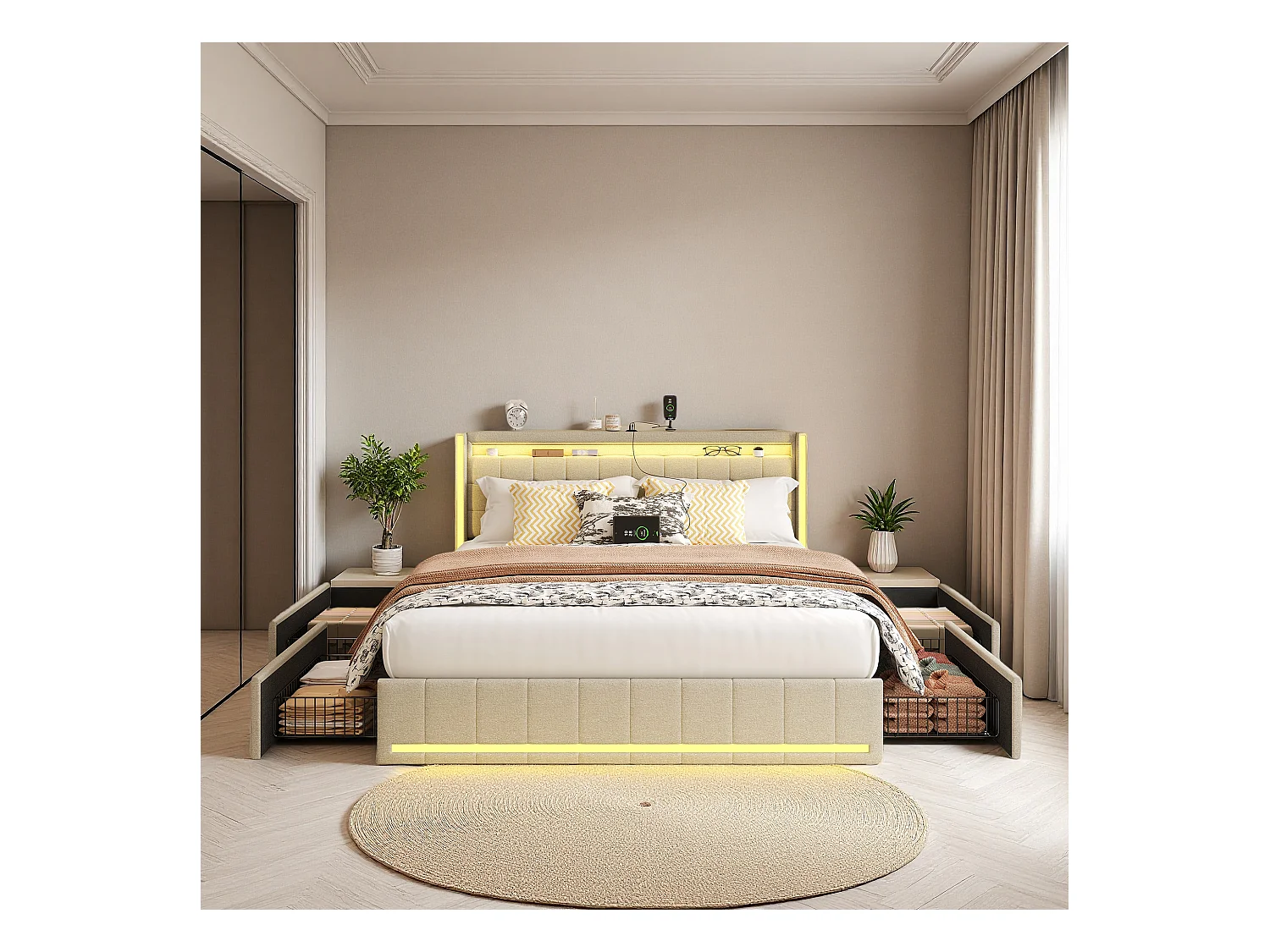 Lit 140x190 cm - NEXU - lit double 140x190 cm tiroir avec LED et USB - cadre de lit adulte 140x190 cm avec sommier à lattes - tissu en lin - beige