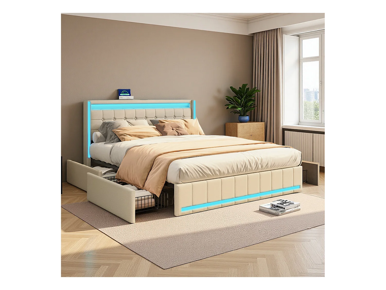Lit 140x190 cm - NEXU - lit double 140x190 cm tiroir avec LED et USB - cadre de lit adulte 140x190 cm avec sommier à lattes - tissu en lin - beige