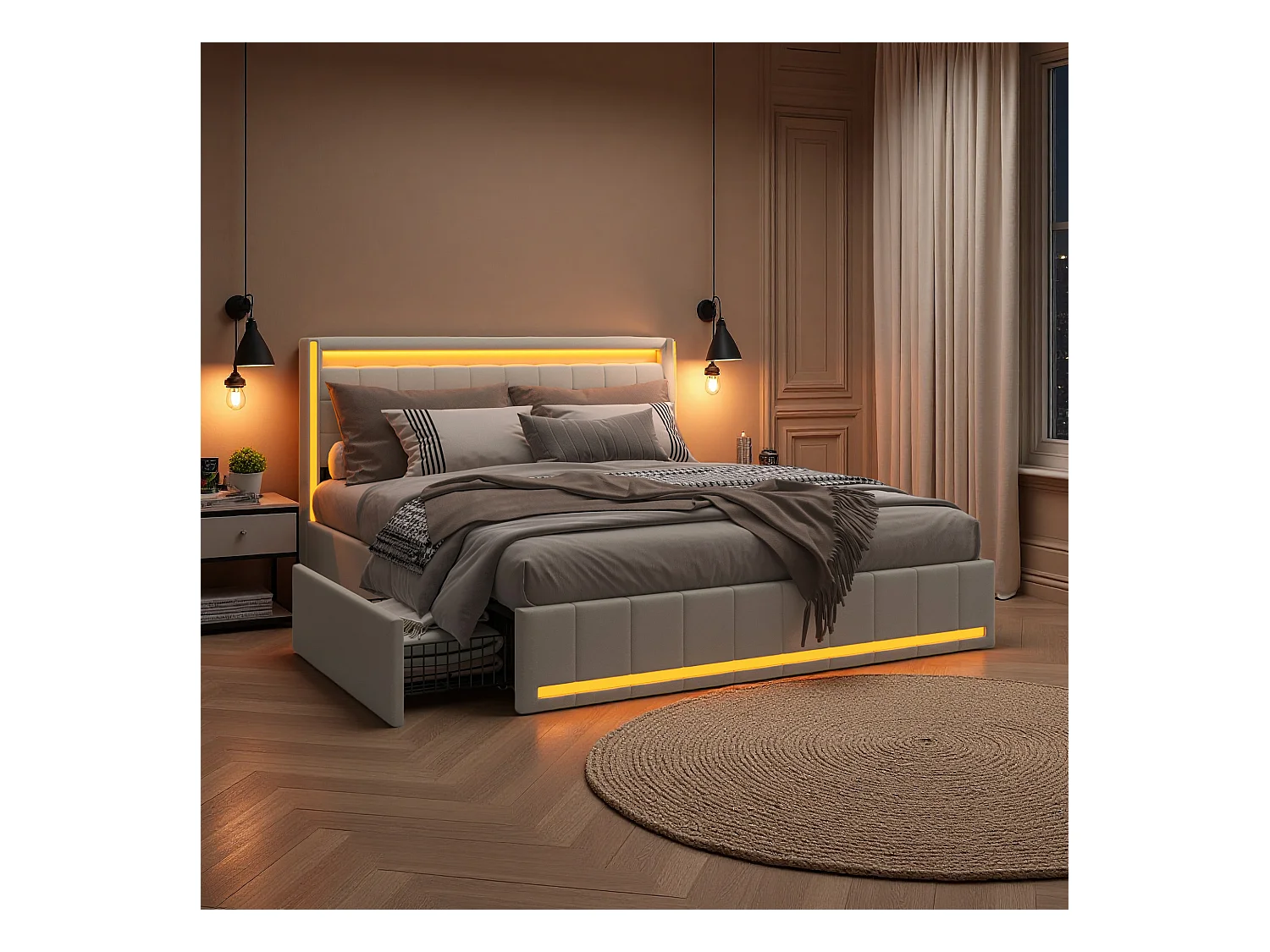 Lit 140x190 cm - NEXU - lit double 140x190 cm tiroir avec LED et USB - cadre de lit adulte 140x190 cm avec sommier à lattes - tissu en lin - beige