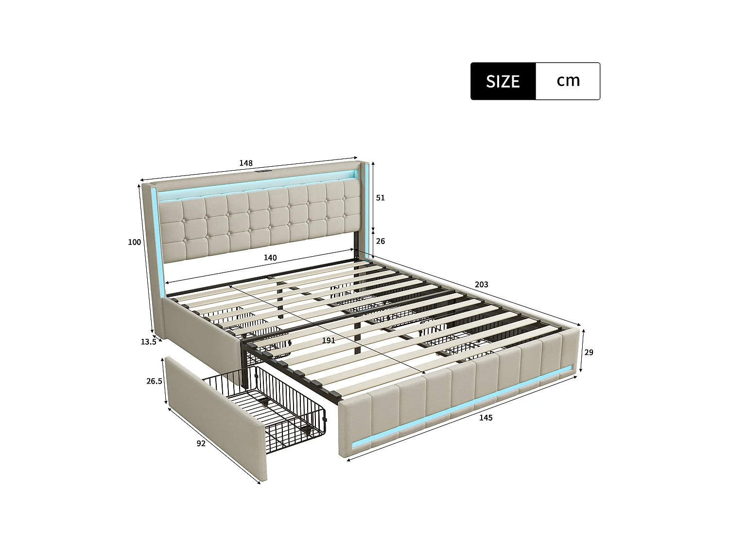 Lit 140x190 cm - NEXU - lit double 140x190 cm tiroir avec LED et USB - cadre de lit adulte 140x190 cm avec sommier à lattes - tissu en lin - beige