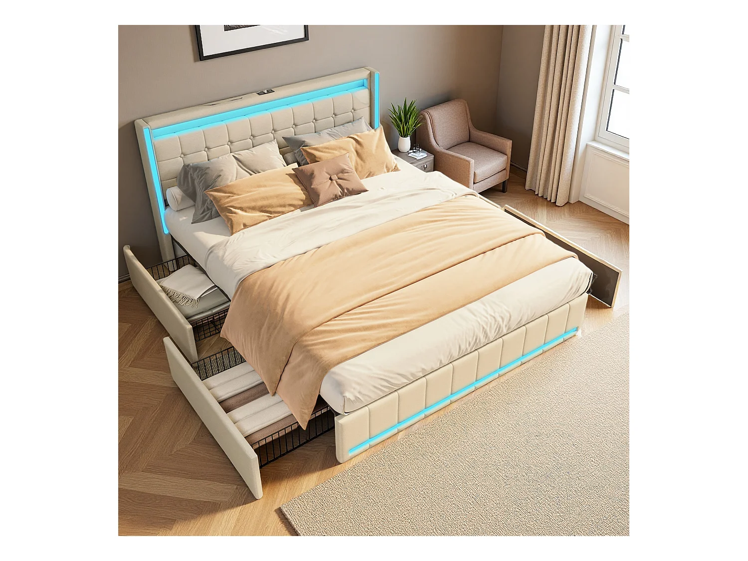 Lit 140x190 cm - NEXU - lit double 140x190 cm tiroir avec LED et USB - cadre de lit adulte 140x190 cm avec sommier à lattes - tissu en lin - beige