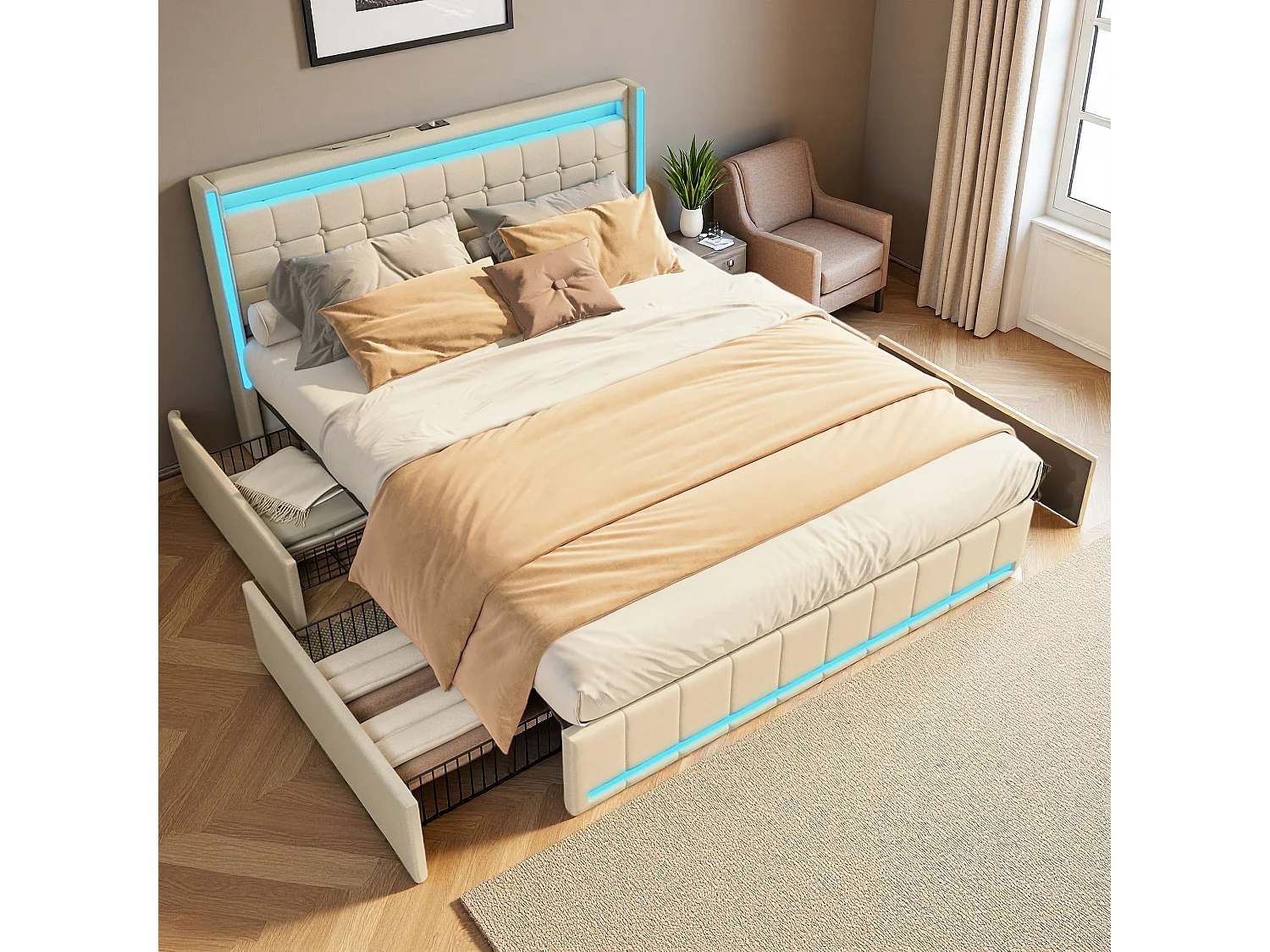 Lit 140x190 cm avec sommier à lattes - NEXU - lit double 140x190 cm tiroir avec LED et USB - cadre de lit adulte 140x190 cm - tissu en lin - beige