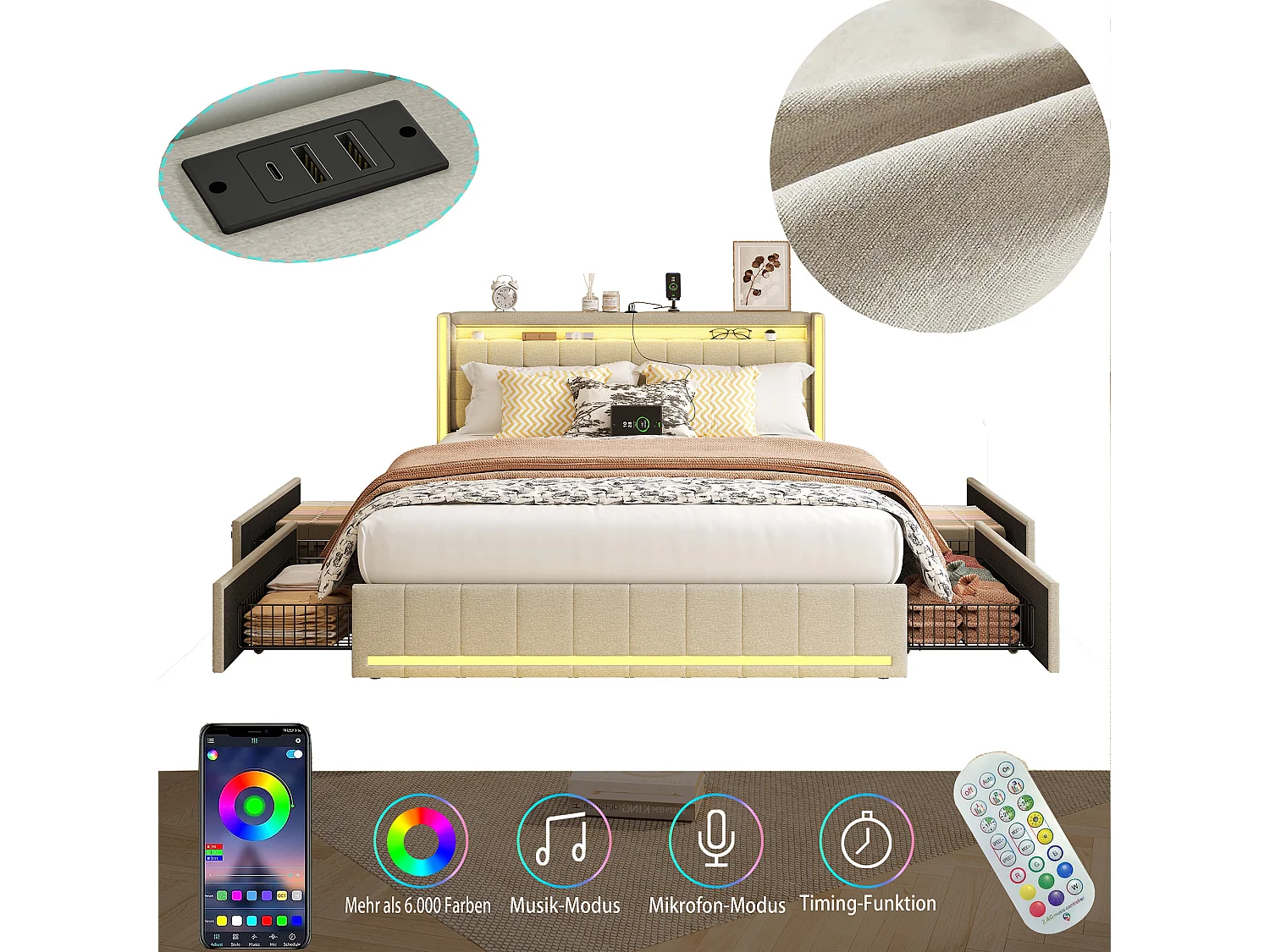 Lit 140x190 cm avec sommier à lattes - NEXU - lit double 140x190 cm tiroir avec LED et USB - cadre de lit adulte 140x190 cm - tissu en lin - beige