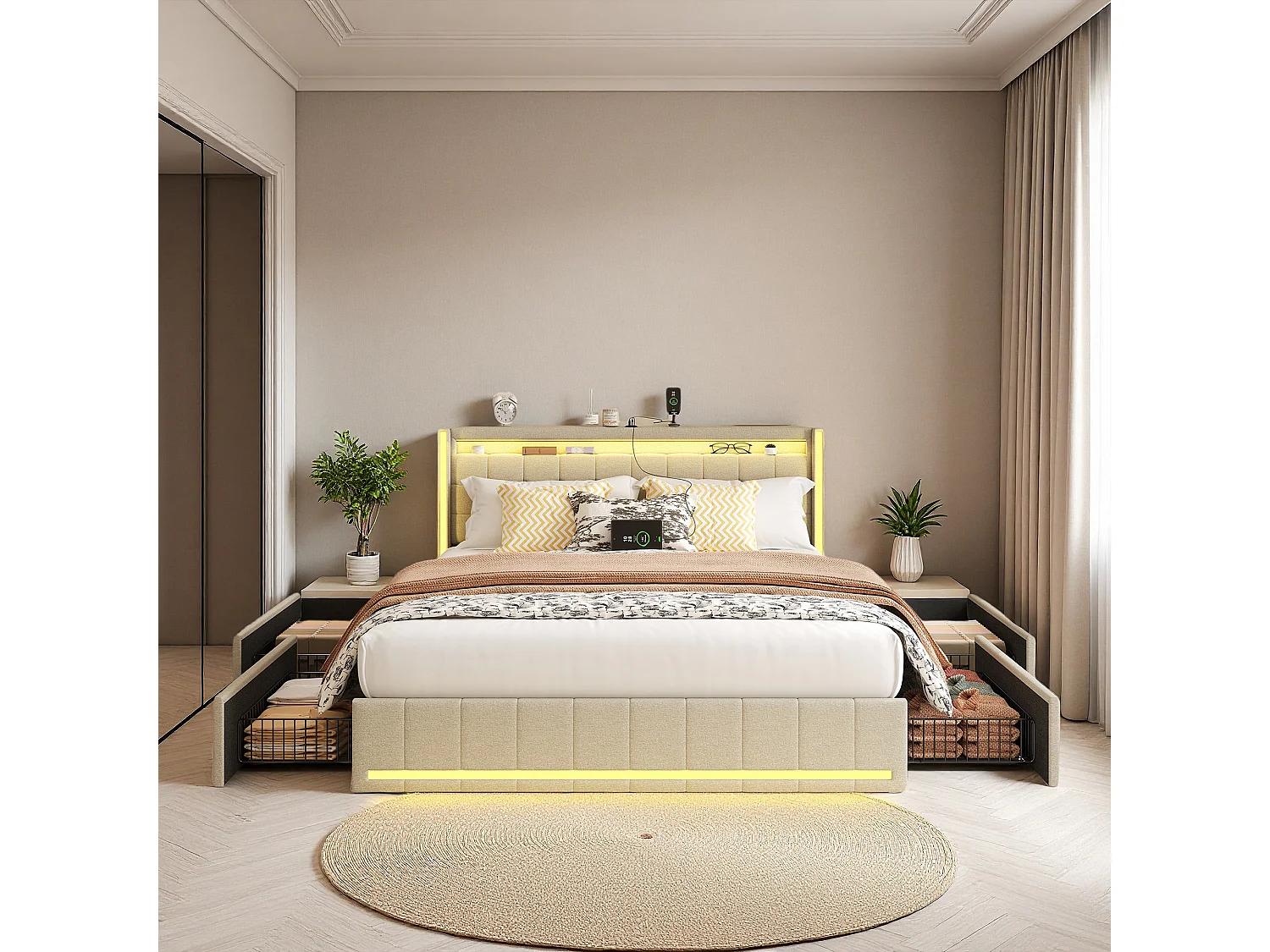 Lit 140x190 cm avec sommier à lattes - NEXU - lit double 140x190 cm tiroir avec LED et USB - cadre de lit adulte 140x190 cm - tissu en lin - beige