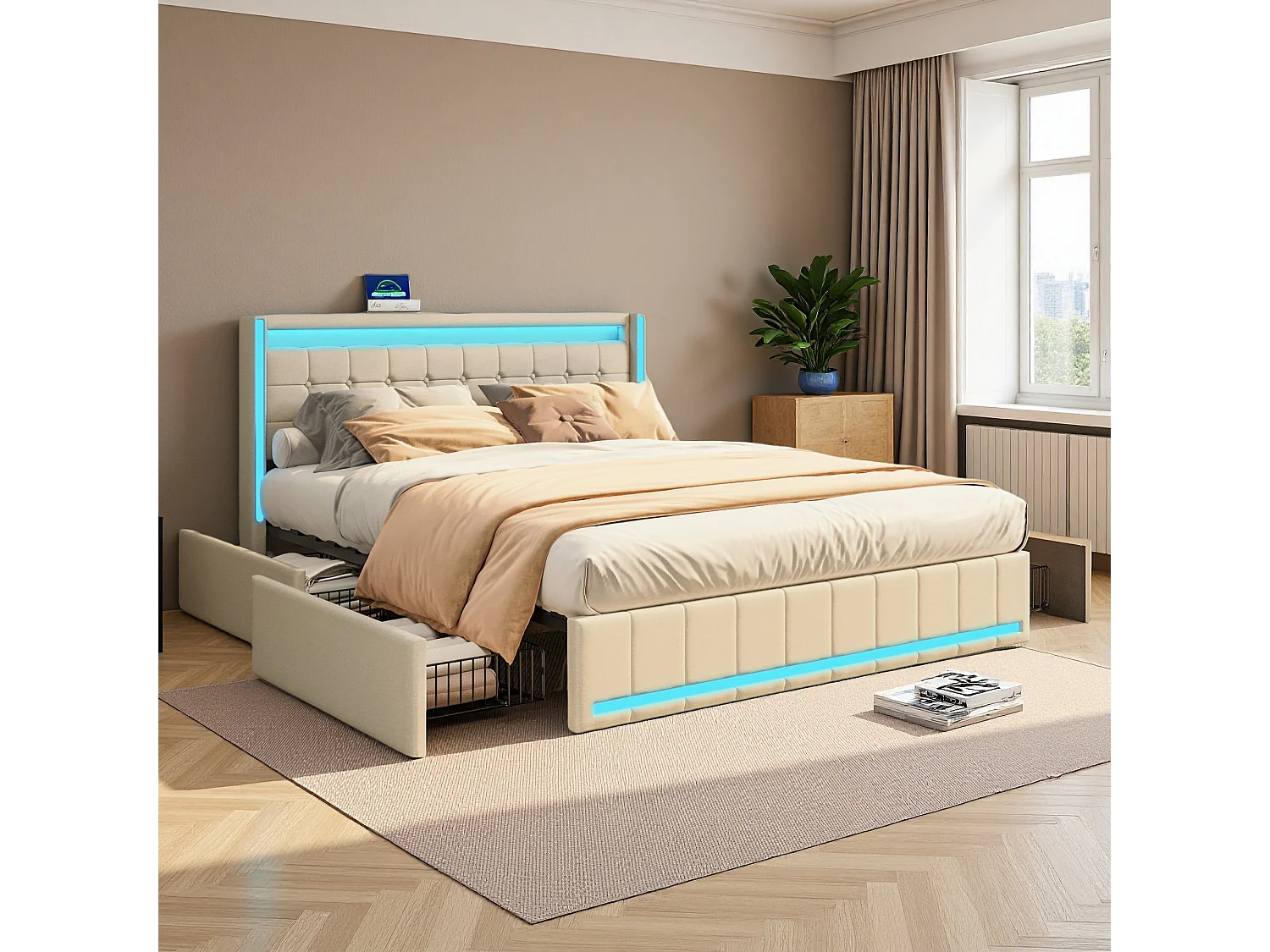 Lit 140x190 cm avec sommier à lattes - NEXU - lit double 140x190 cm tiroir avec LED et USB - cadre de lit adulte 140x190 cm - tissu en lin - beige