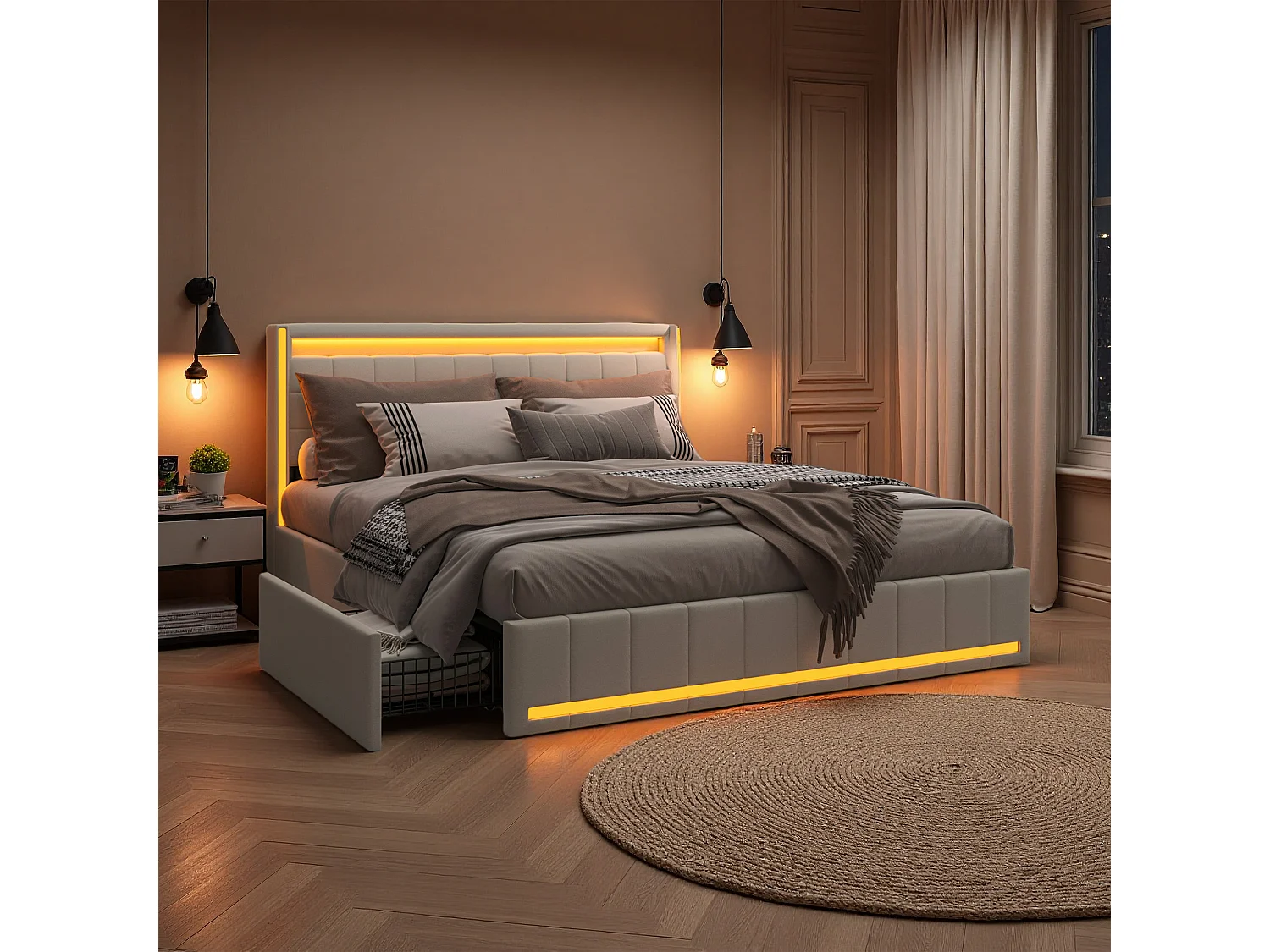 Lit 140x190 cm avec sommier à lattes - NEXU - lit double 140x190 cm tiroir avec LED et USB - cadre de lit adulte 140x190 cm - tissu en lin - beige