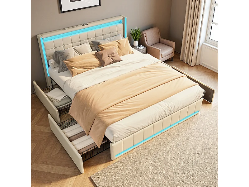 Lit 140x190 cm - NEXU - lit double 140x190 cm tiroir avec LED et USB - cadre de lit adulte 140x190 cm avec sommier à lattes - tissu en lin - beige