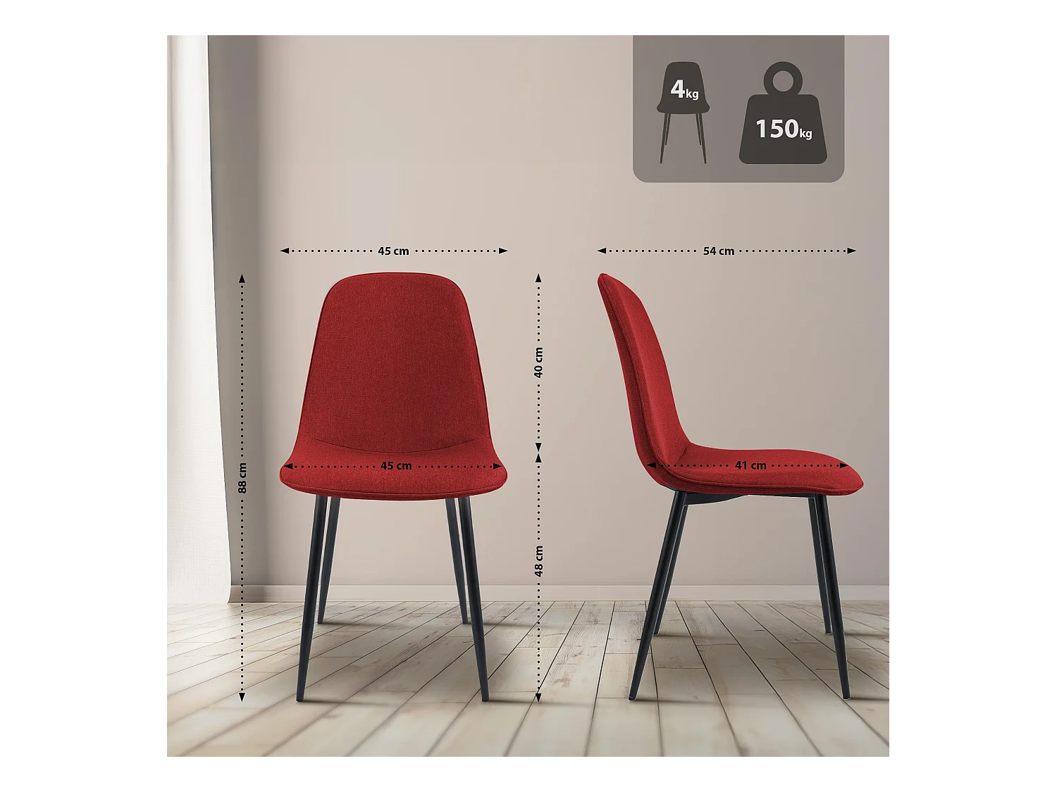 Lot de 4  chaise salle à manger - Tissu - Rouge - Maryam