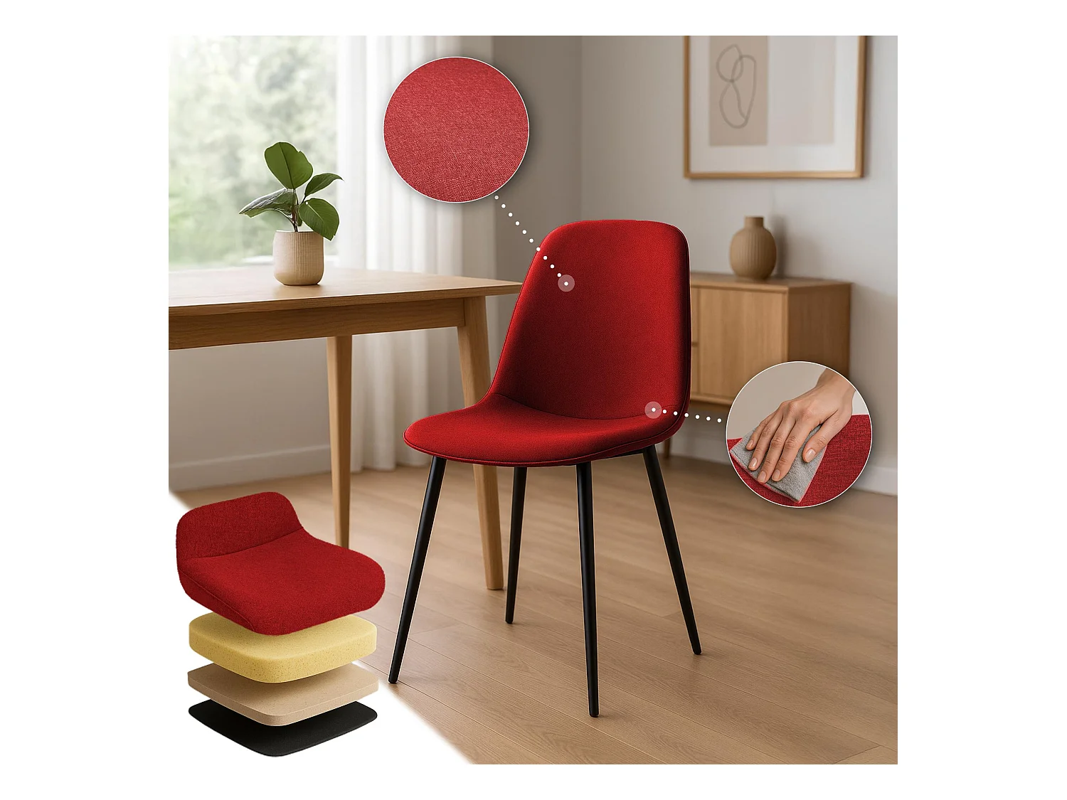 Lot de 4  chaise salle à manger - Tissu - Rouge - Maryam