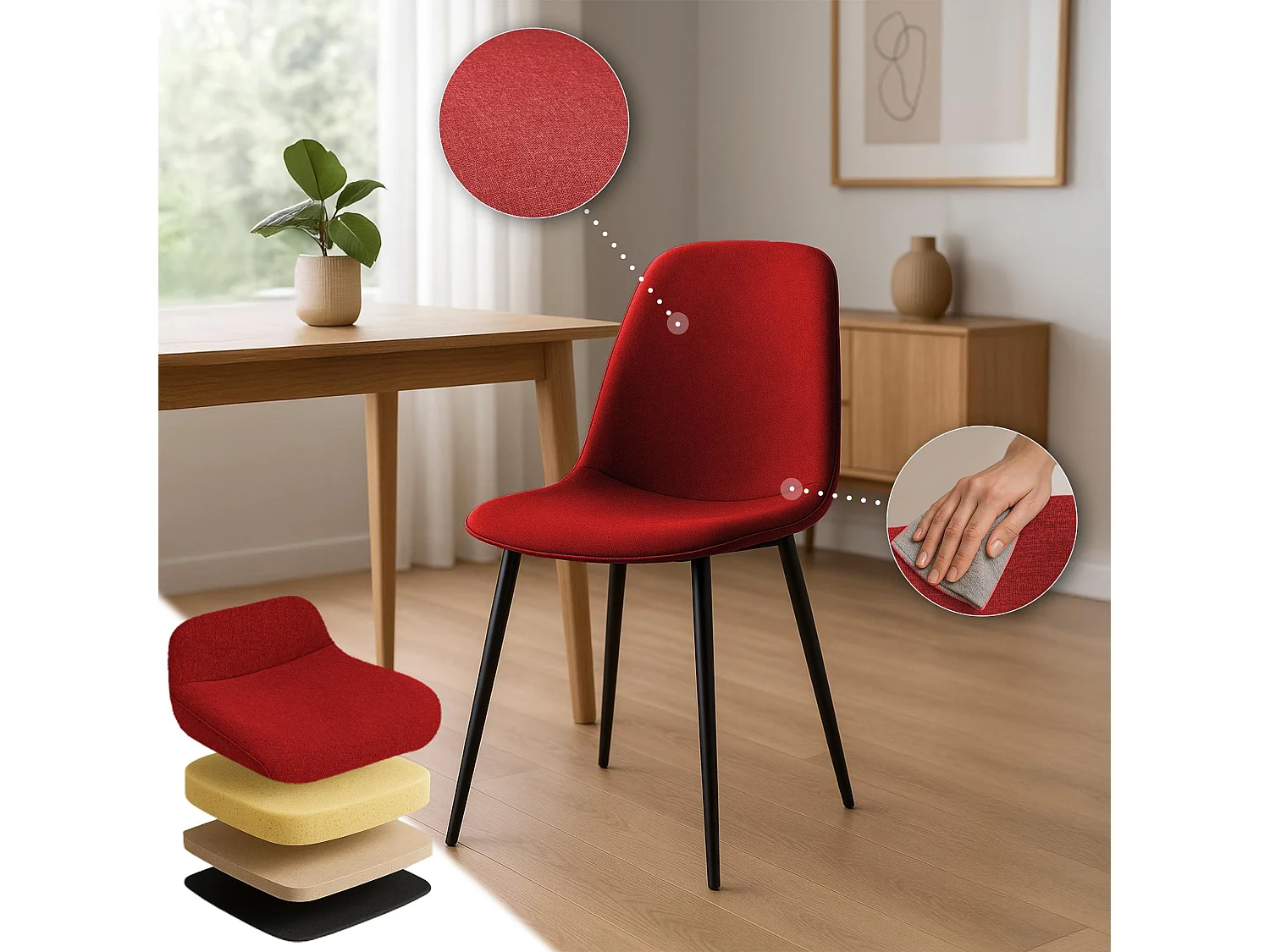 Lot de 4  chaise salle à manger - Tissu - Rouge - Maryam