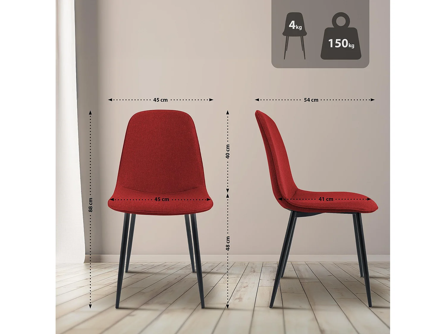 Lot de 4  chaise salle à manger - Tissu - Rouge - Maryam