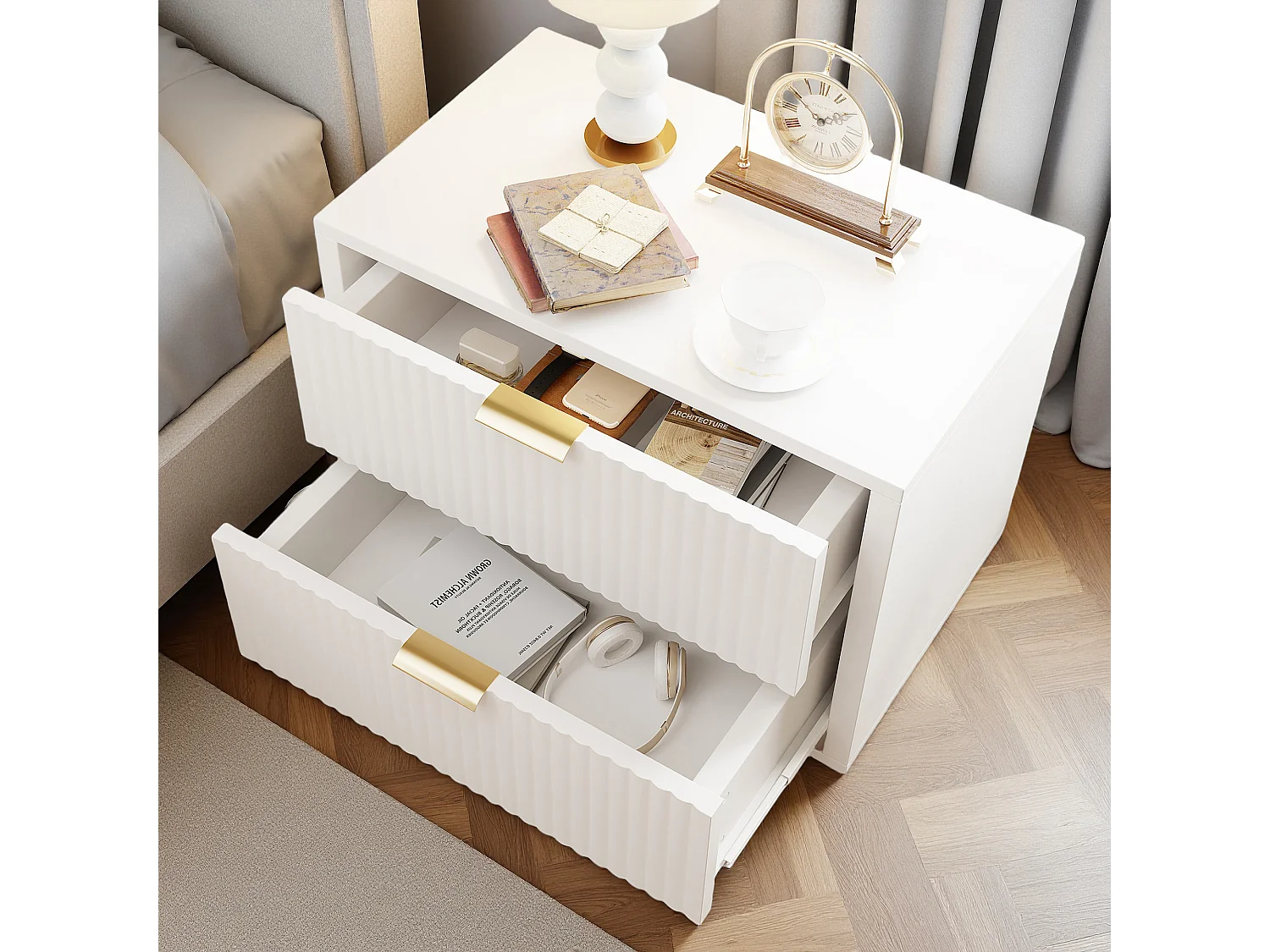 Table de Chevet - Lot de 2 - 49x29x47 cm - Meuble de Nuit avec 2 tiroirs - Meuble de Chambre - Style moderne - blanc