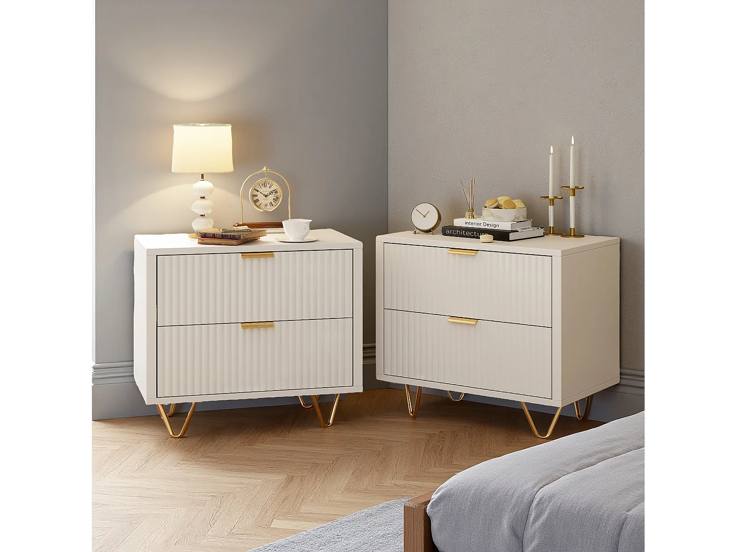 Table de Chevet - Lot de 2 - 49x29x47 cm - Meuble de Nuit avec 2 tiroirs - Meuble de Chambre - Style moderne - blanc