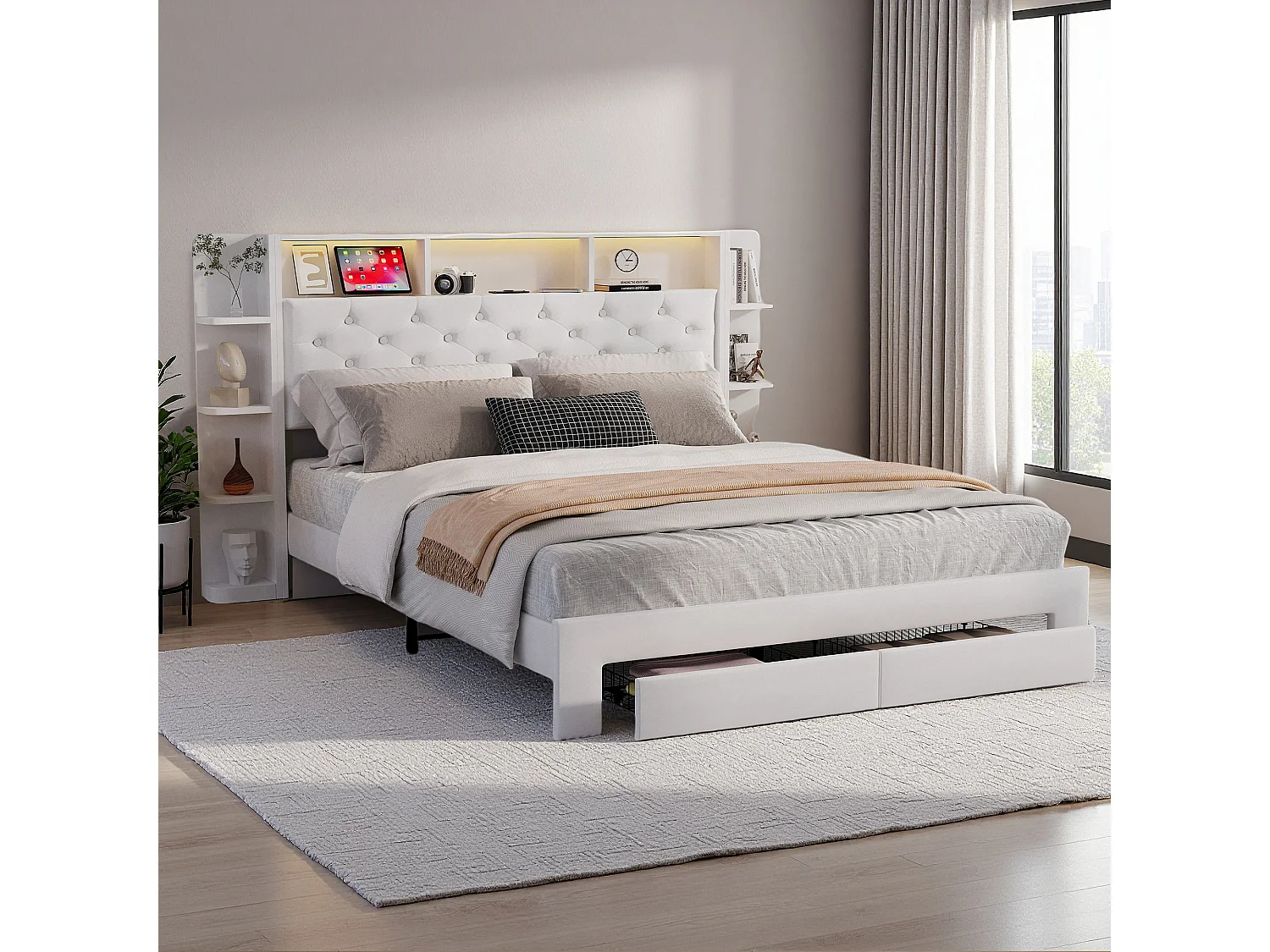 Lit capitonné 140x200 cm avec sommier à lattes et tiroirs, tête de lit rangement et étagère, lit adulte 140x200 avec LED et USB, soldes, Velours, Blanc