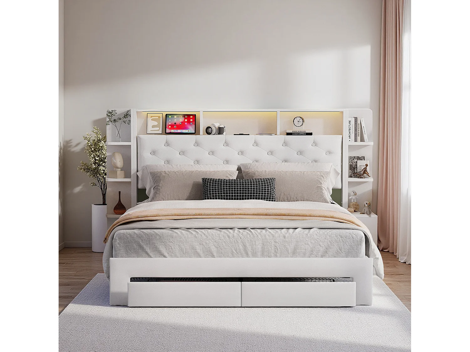 Lit capitonné 140x200 cm avec sommier à lattes et tiroirs, tête de lit rangement et étagère, lit adulte 140x200 avec LED et USB, soldes, Velours, Blanc