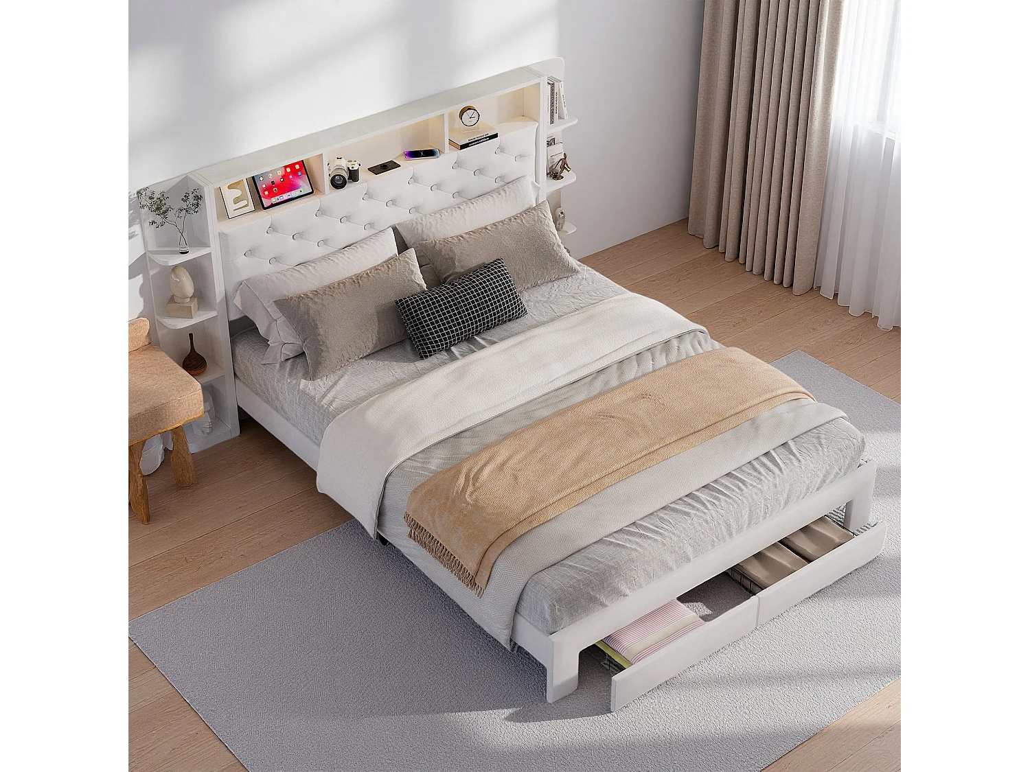 Lit capitonné 140x200 cm avec sommier à lattes et tiroirs, tête de lit rangement et étagère, lit adulte 140x200 avec LED et USB, soldes, Velours, Blanc