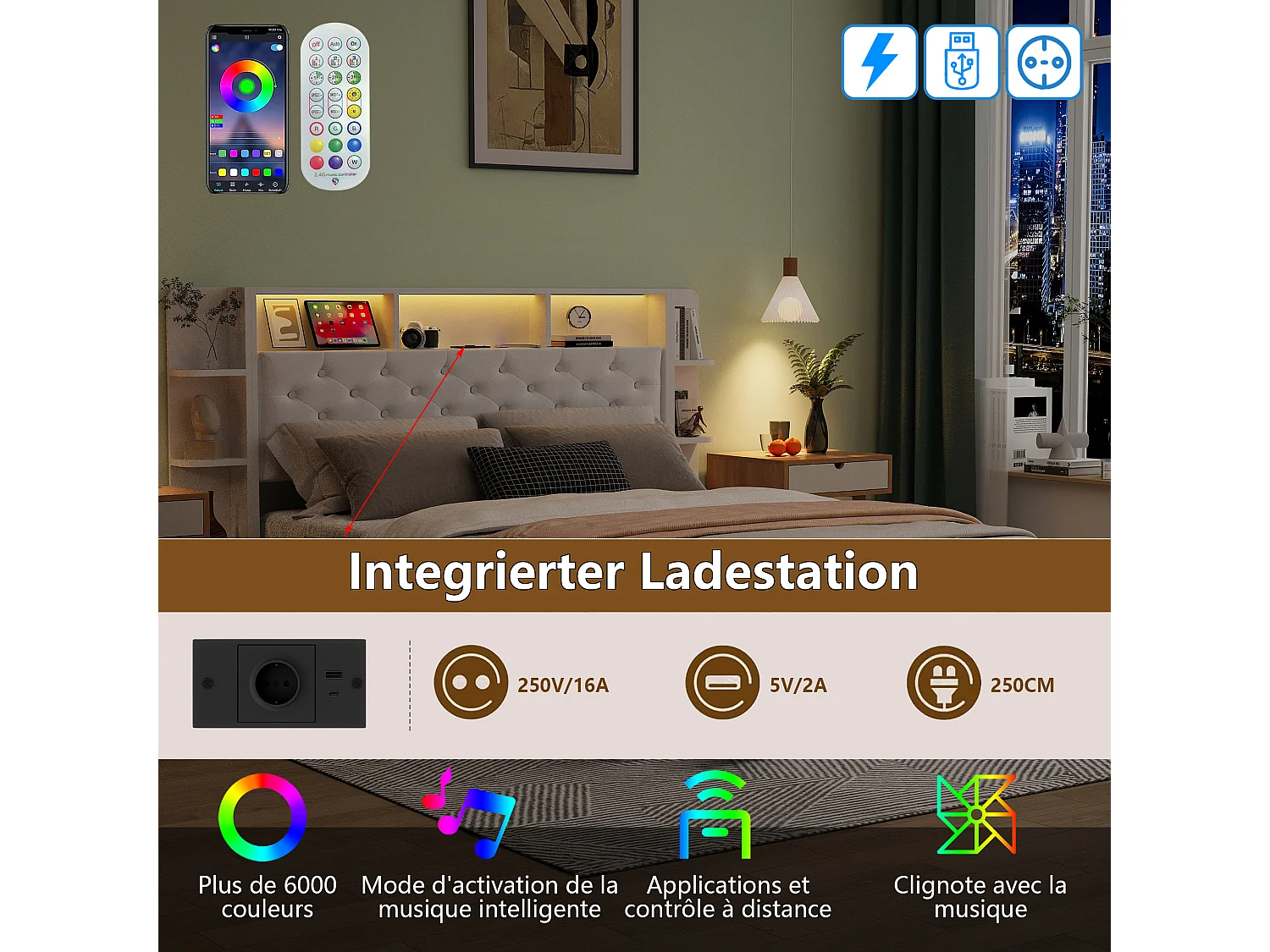 Lit capitonné 140 x 200 cm - Lit adulte avec sommier à lattes, tiroirs de rangement, tête de lit avec étagère, LED et port USB - tissu velours blanc