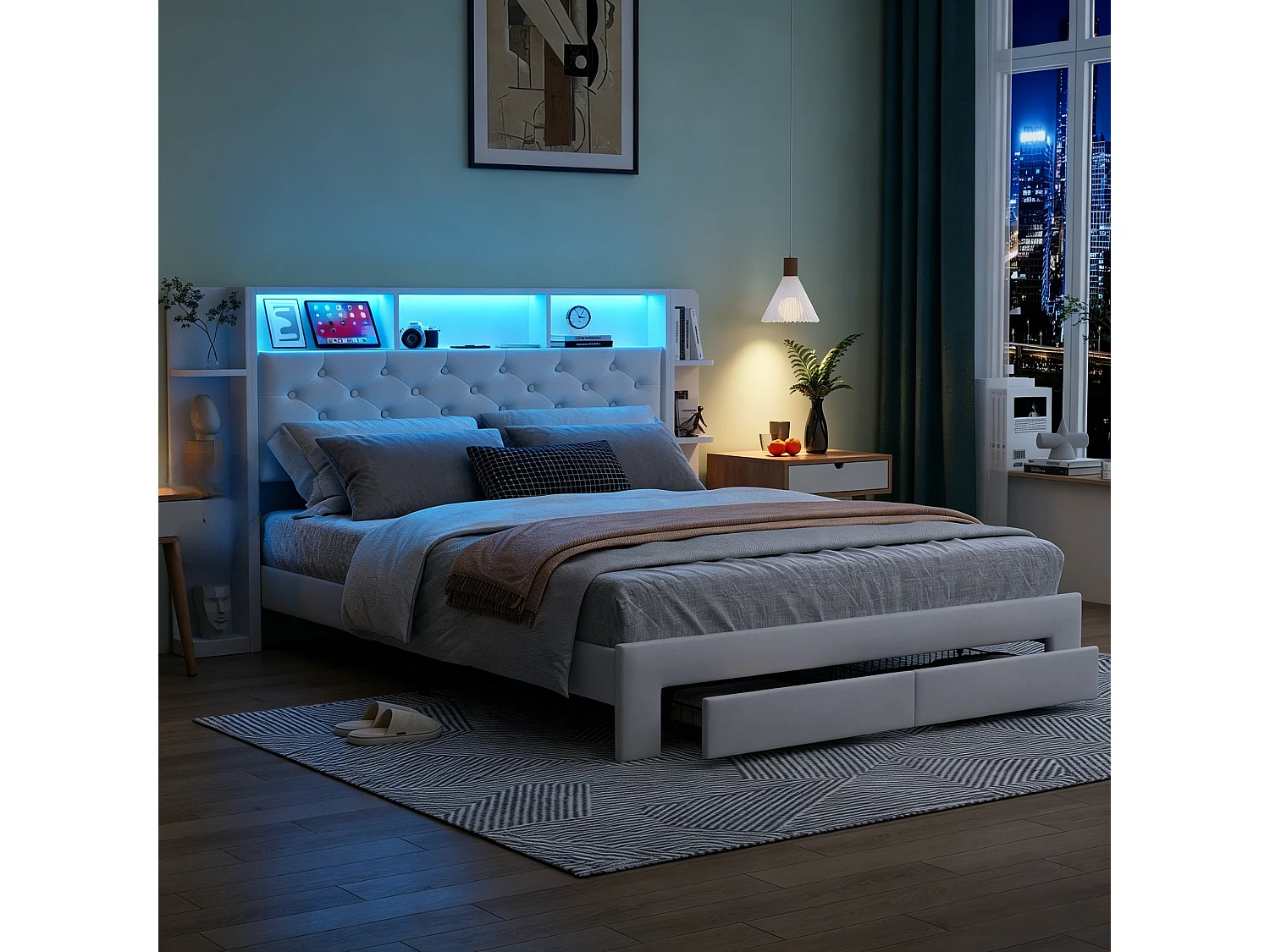 Lit capitonné 140 x 200 cm - Lit adulte avec sommier à lattes, tiroirs de rangement, tête de lit avec étagère, LED et port USB - tissu velours blanc