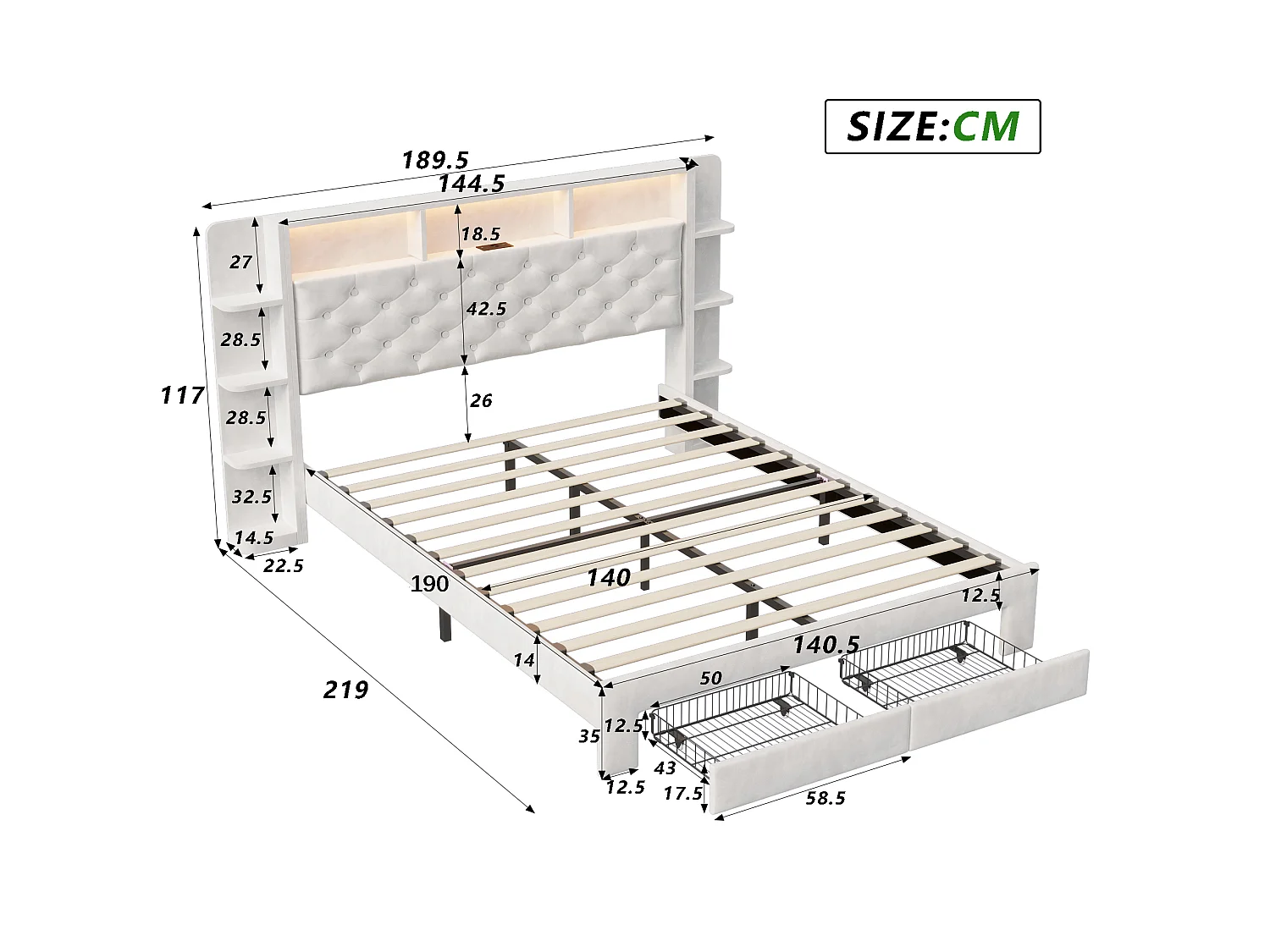Lit capitonné 140 x 200 cm - Lit adulte avec sommier à lattes, tiroirs de rangement, tête de lit avec étagère, LED et port USB - tissu velours blanc