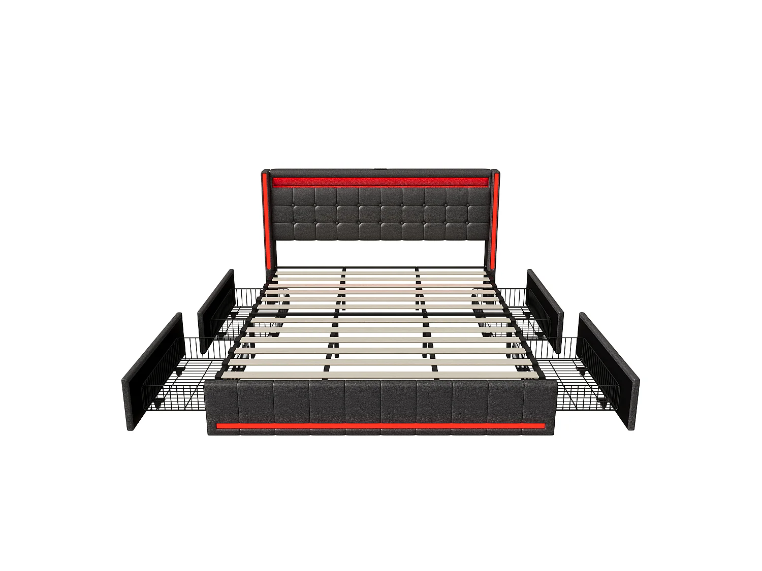 Lit double 160x200 cm avec LED et USB, tiroirs de rangement et sommier à lattes, revêtement en lin gris
