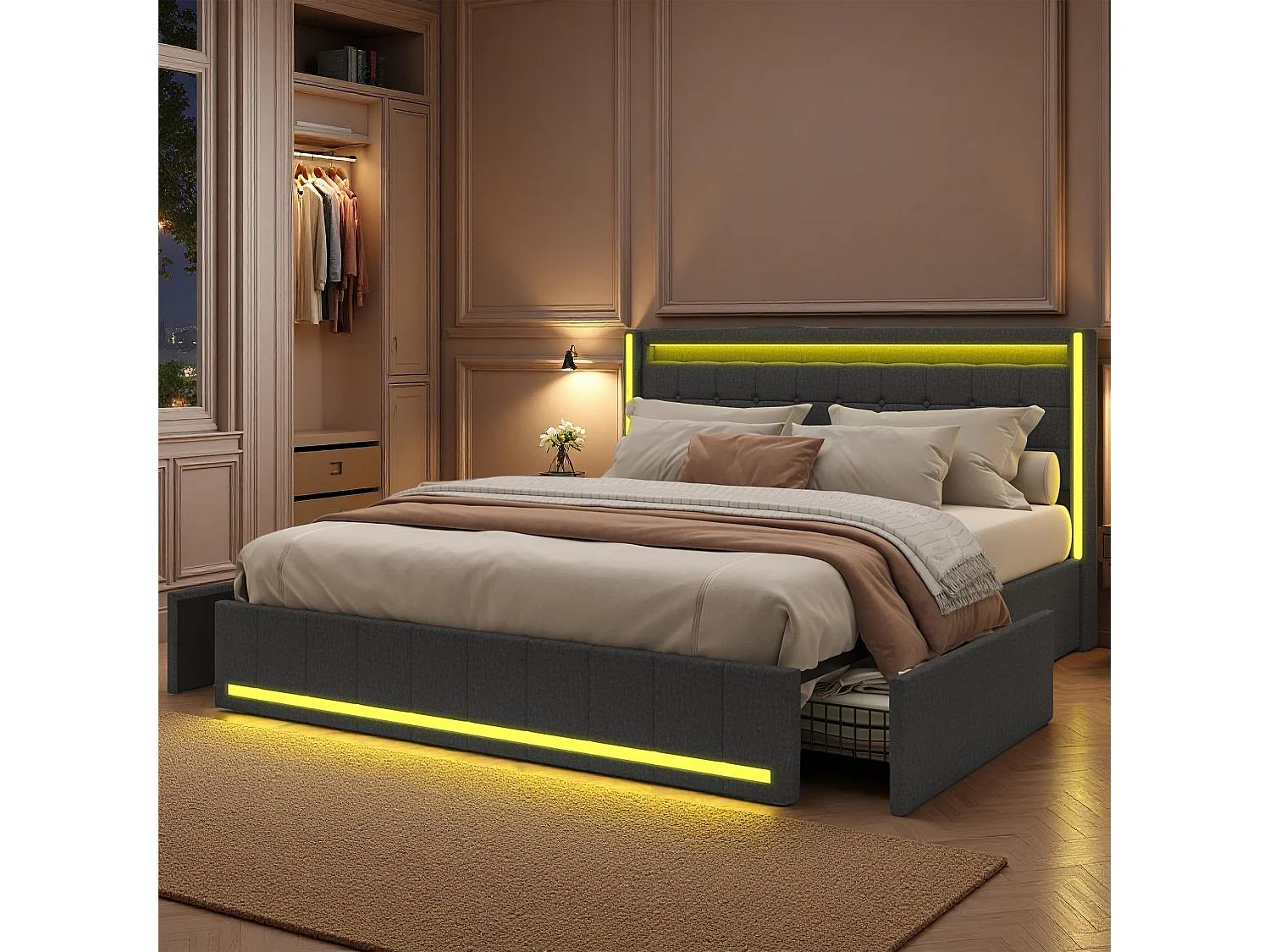 Lit double 160x200 cm avec LED et USB, tiroirs de rangement et sommier à lattes, revêtement en lin gris