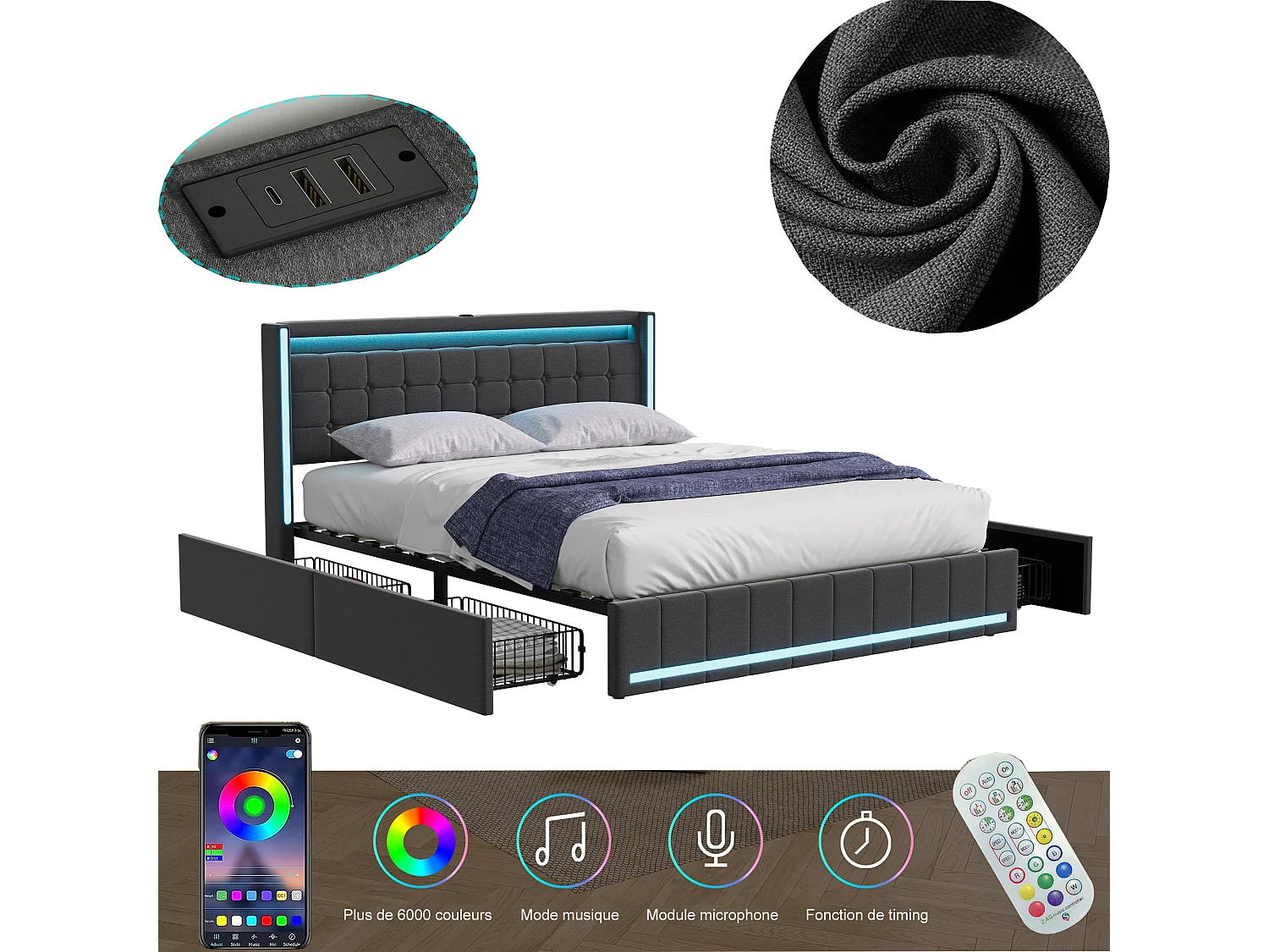 Lit double 160x200 cm avec LED et USB, tiroirs de rangement et sommier à lattes, revêtement en lin gris