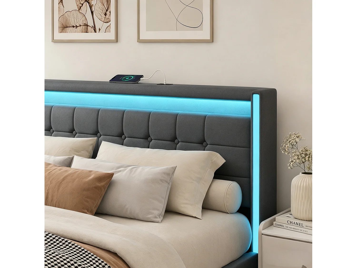 Lit double 160x200 cm avec LED et USB, tiroirs de rangement et sommier à lattes, revêtement en lin gris